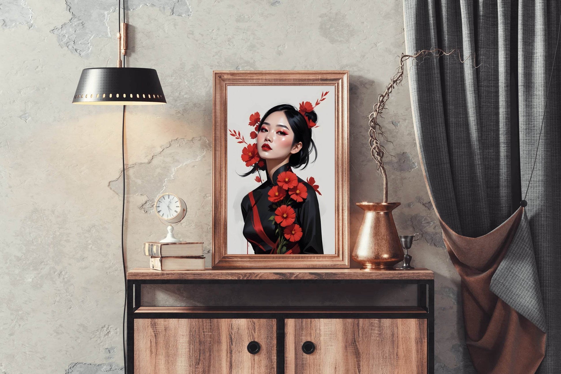 Asian Lady with Traditional Dress with Red flower Wall Art - beink online art store