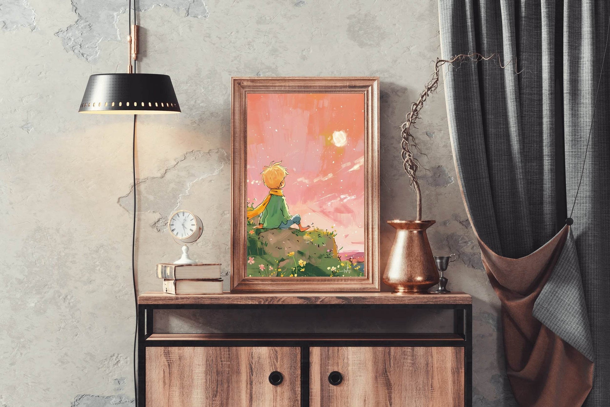 Cartoonish Painting of Little Boy Watching Sun - beink online art store
