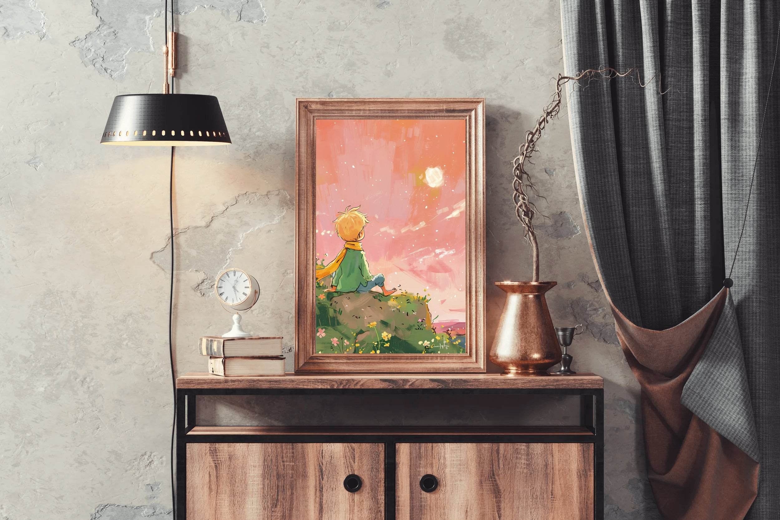 Cartoonish Painting of Little Boy Watching Sun - beink online art store