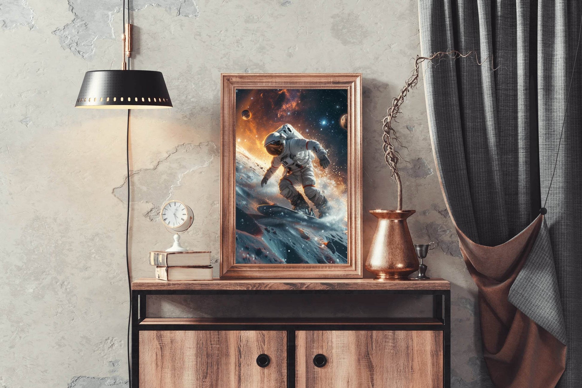 astronauts surfing on a surfboard in space with stars on planet Wall Art - beink online art store
