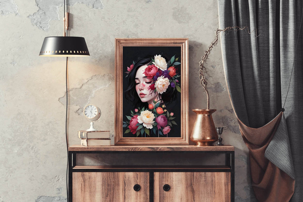 Kawaii Girl with Flowers Asian Style Anime Wall Art - beink online art store