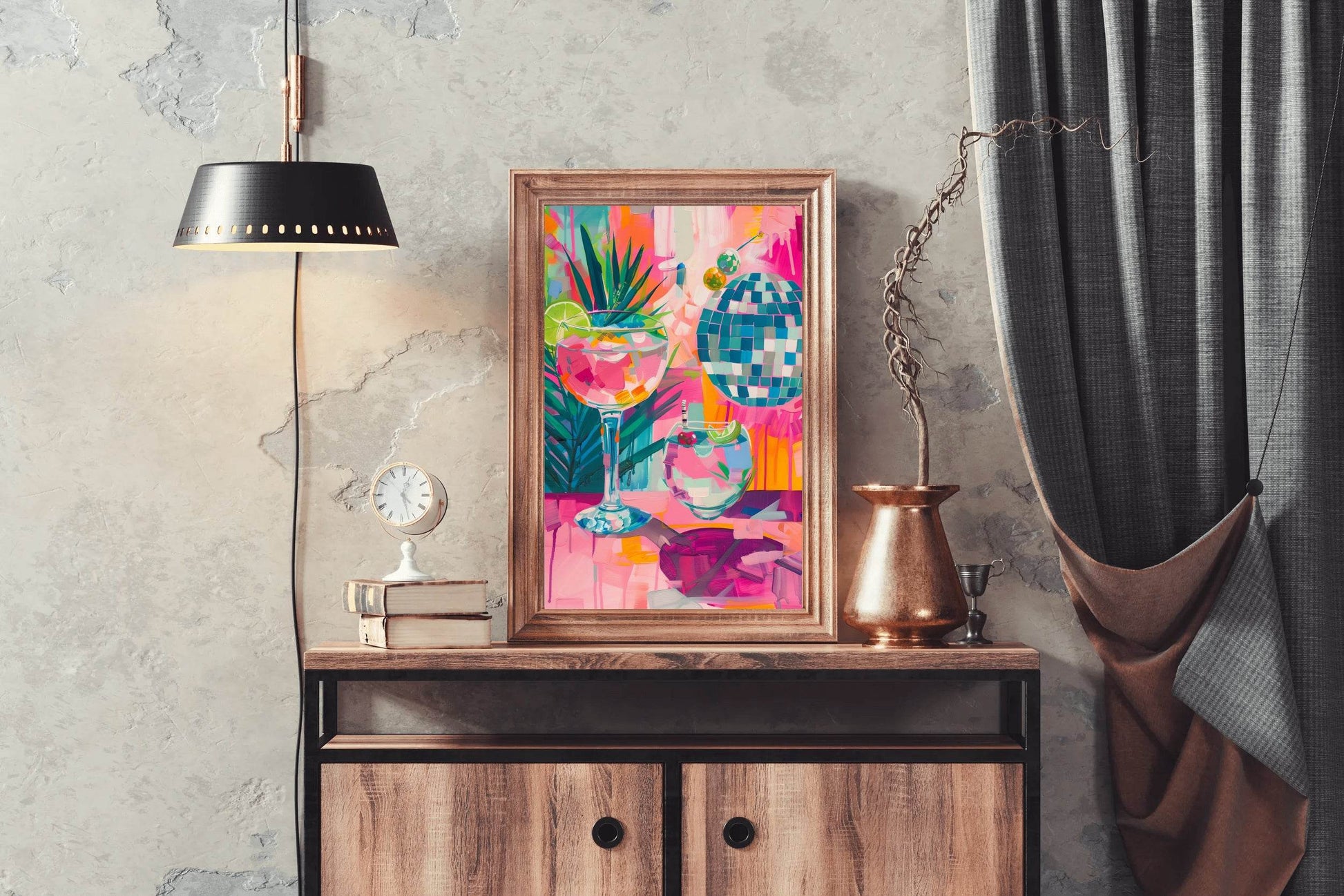 Painting of a Cocktail and Glasses with a Palm Tree in the Background Wall Art - beink online art store