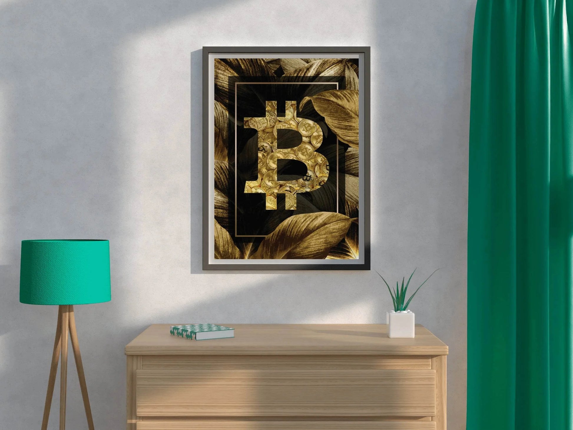 Bitcoin Logo with Gold Leaves Background Wall Art - beink online art store