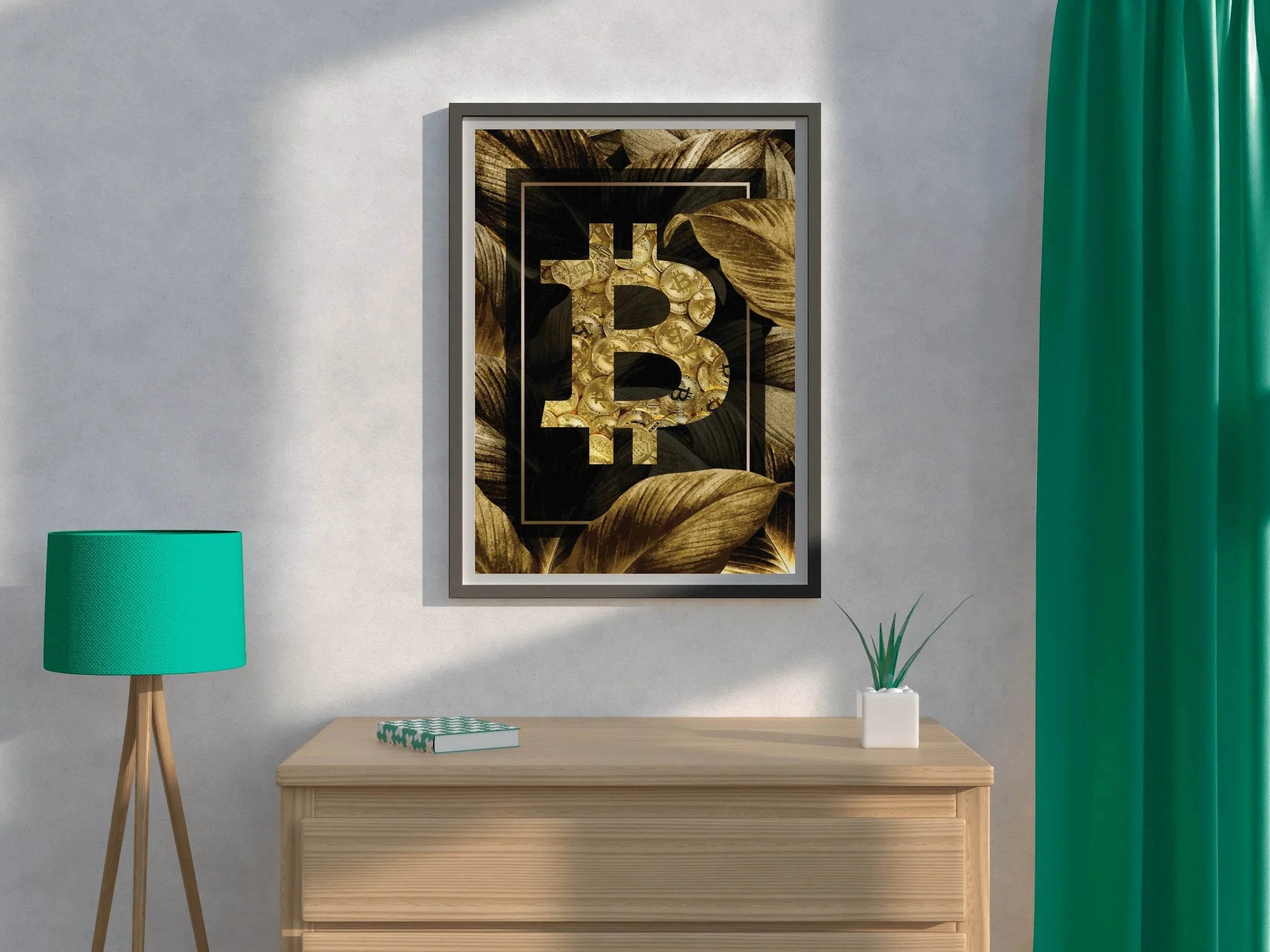 Bitcoin Logo with Gold Leaves Background Wall Art - beink online art store
