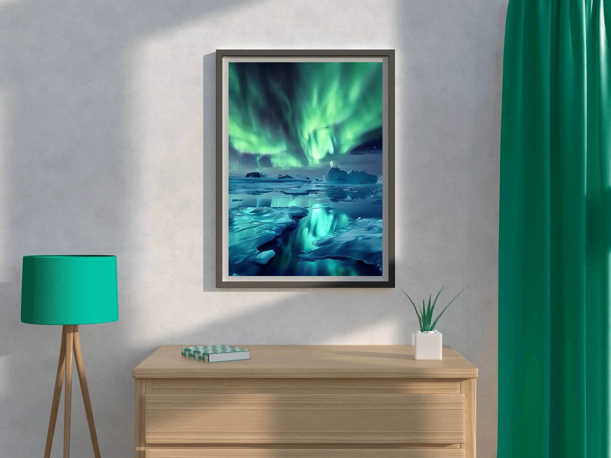 Green Northern lights in The Sky Over Iceberg Wall Art - beink online art store
