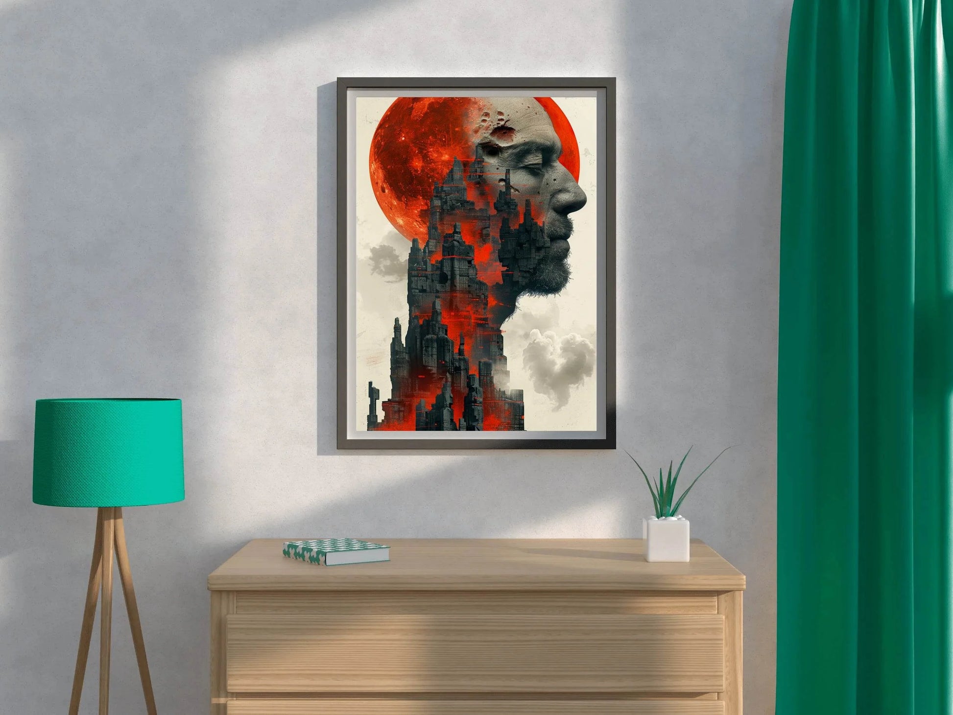 Gothic Cityscape With Face and Red Moon Digital Art - beink online art store