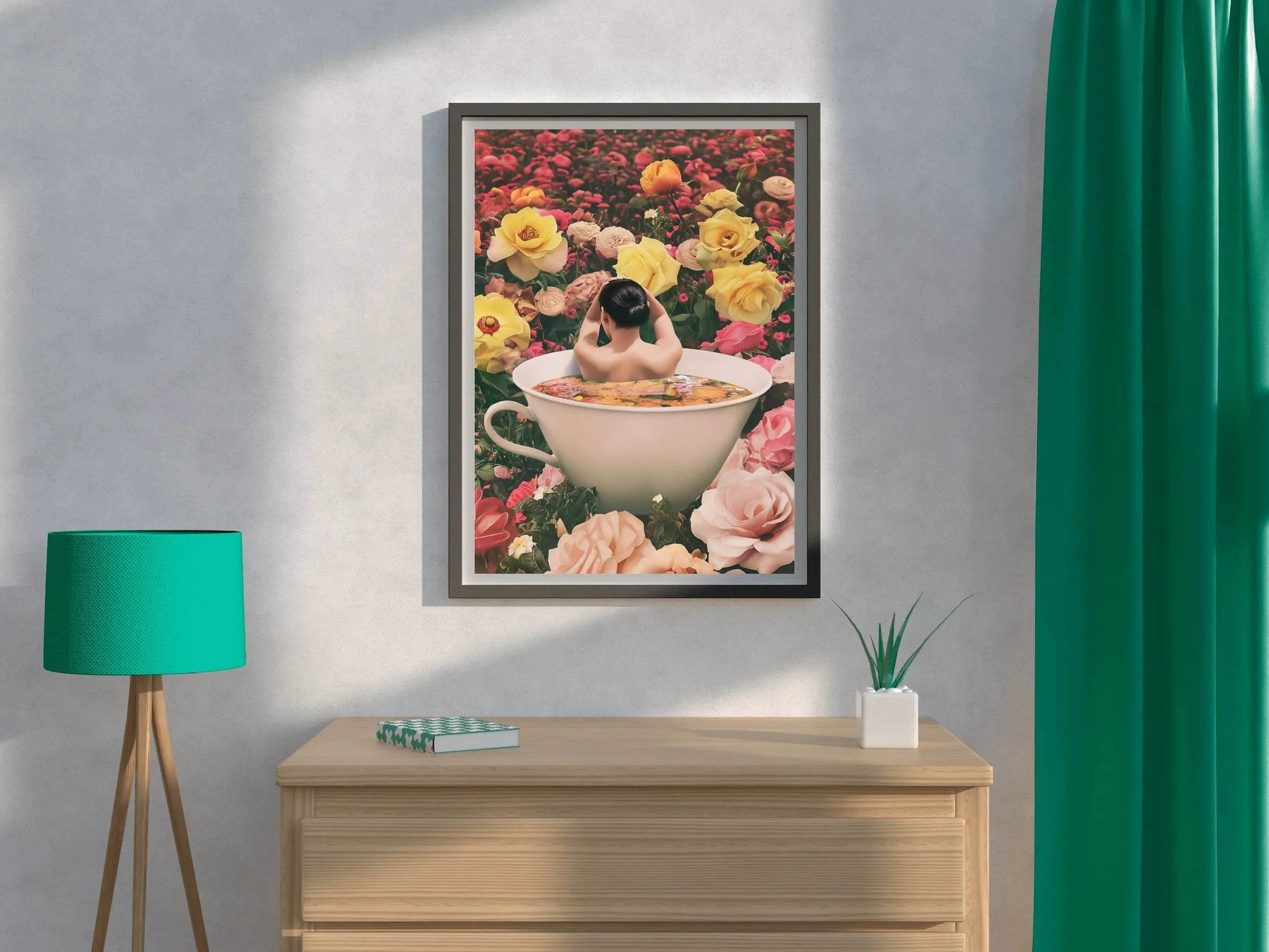 Woman in Tea Cup With Flower Background Wall Art - beink online art store