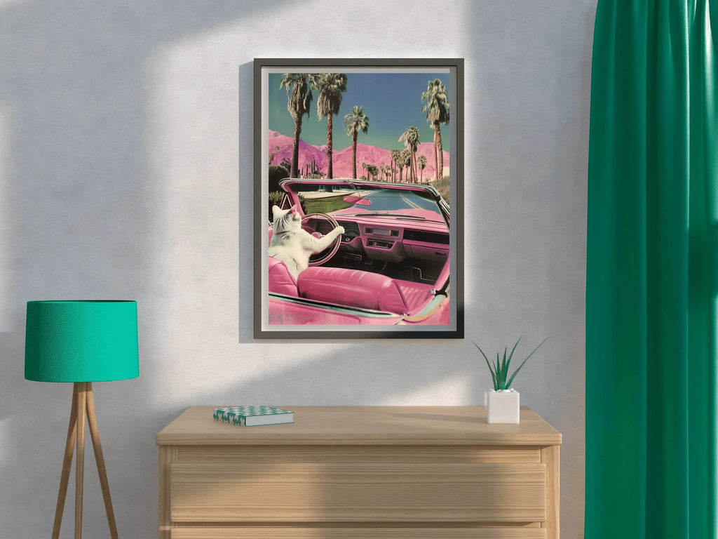Cat Driving A Pink Car Wall Art - beink online art store