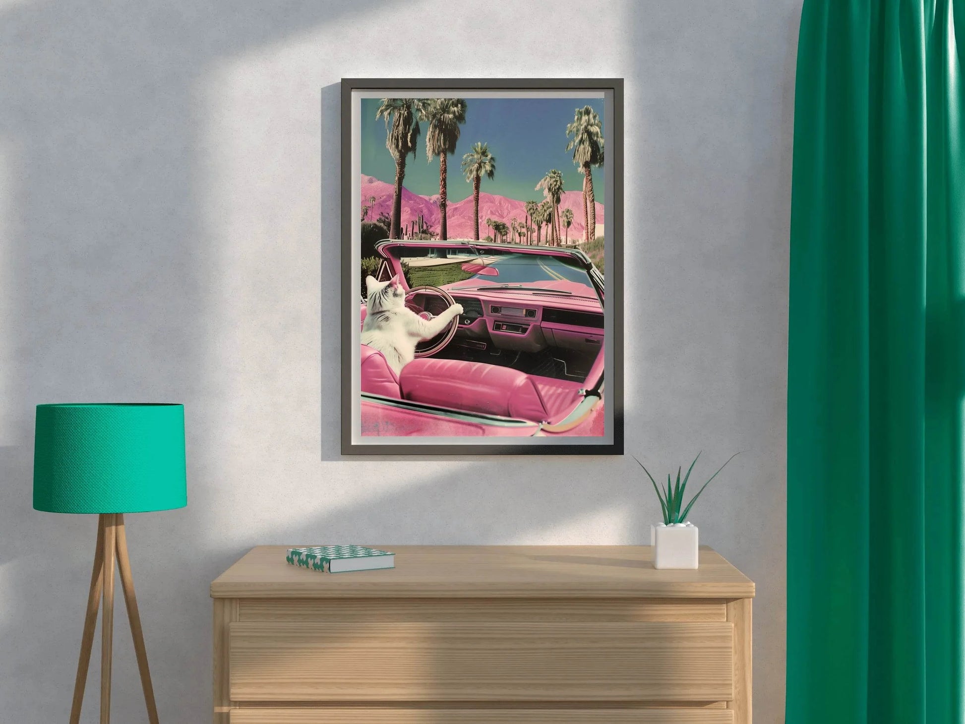 Cat Driving A Pink Car Wall Art - beink online art store