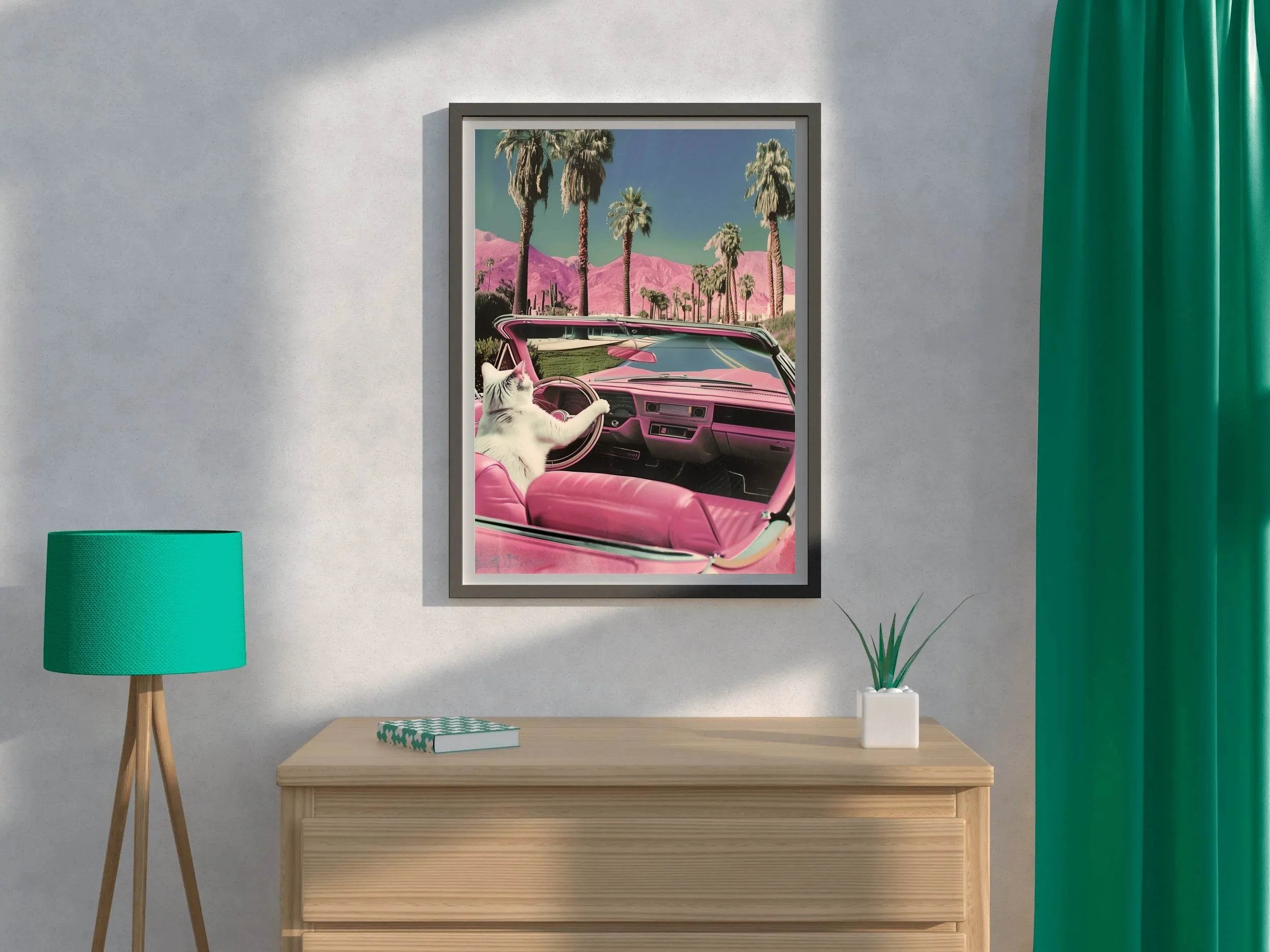 Cat Driving A Pink Car Wall Art - beink online art store