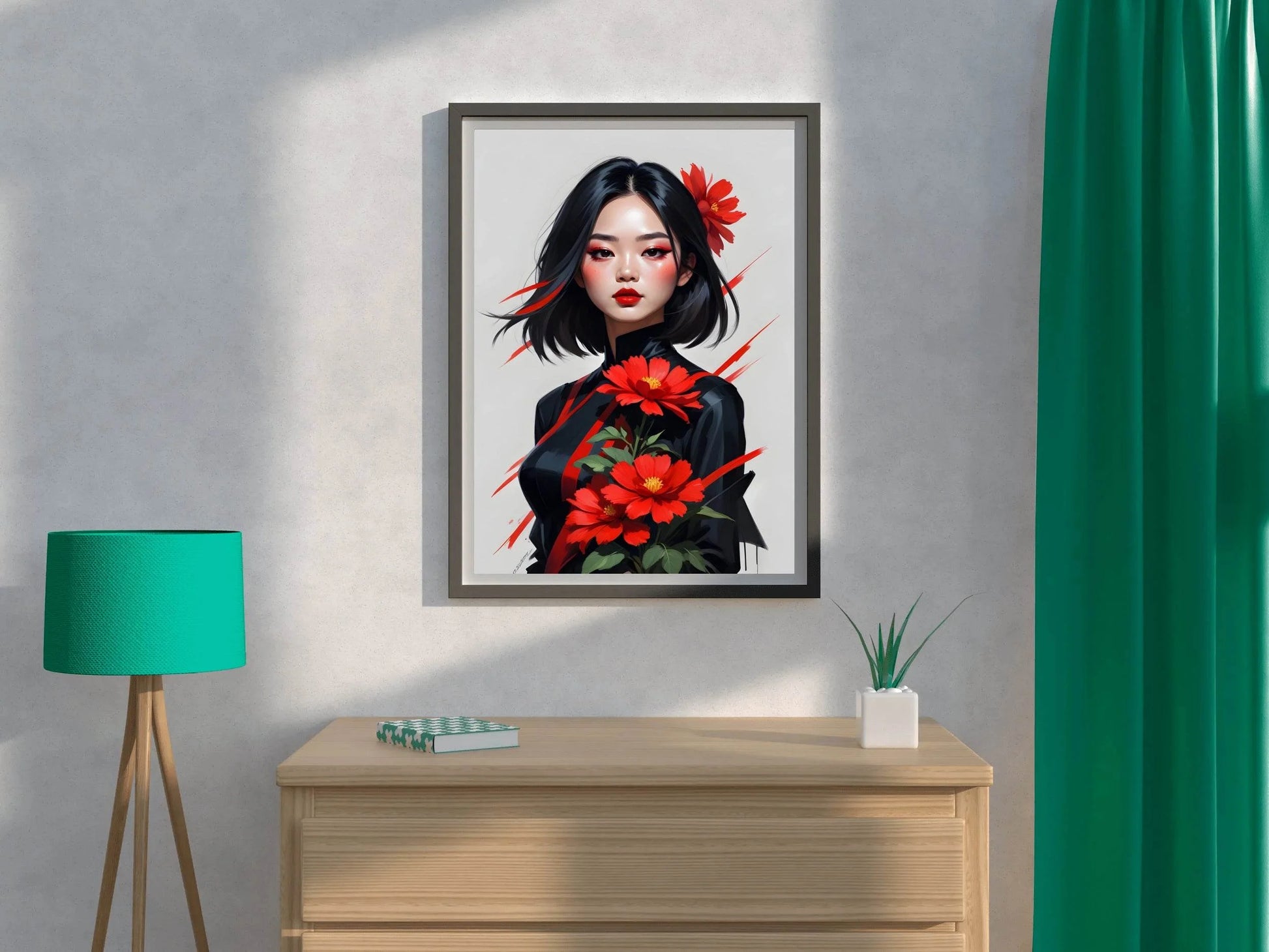 Asian Style lady with Red Flower Wall Art - beink online art store