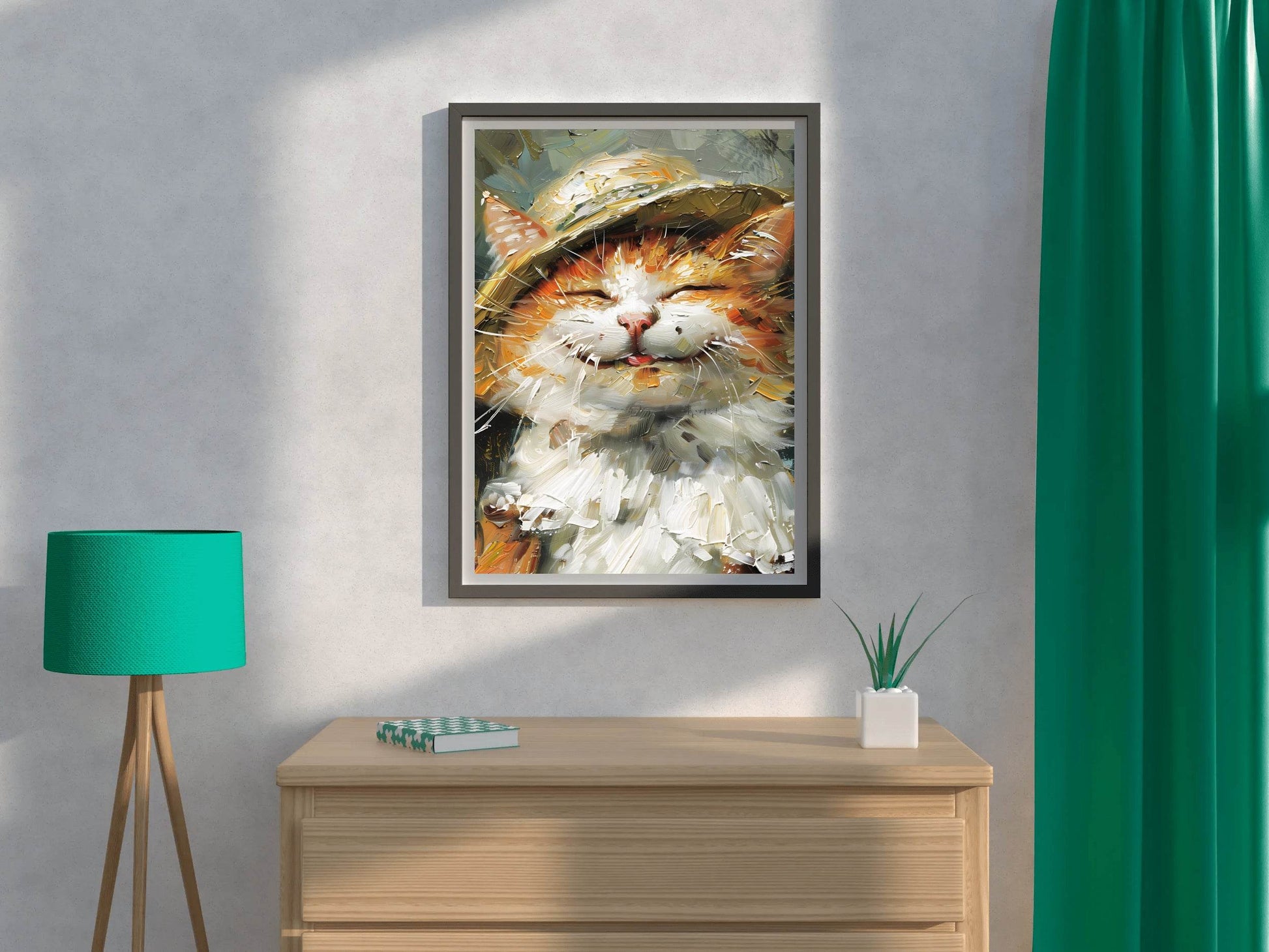 Slashed Oil Painting of Cat Wearing Hat - beink online art store