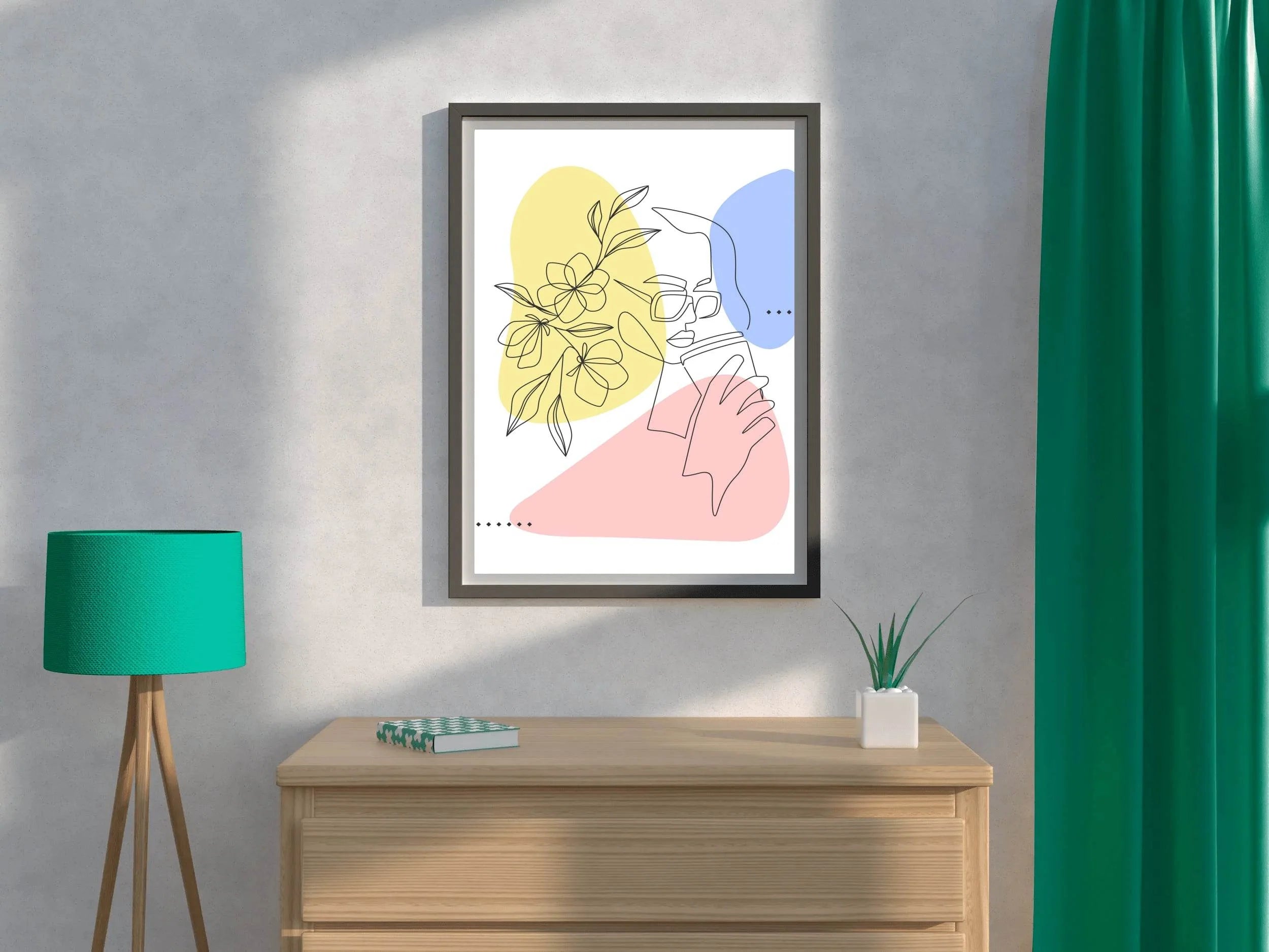 Minimal Woman and Flower Drinking Coffee Wall Art - beink online art store