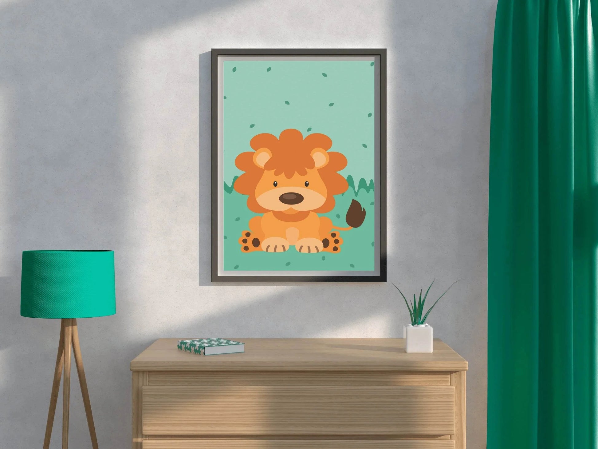 Cartoonish Little Lion Sitting on Grass - beink online art store