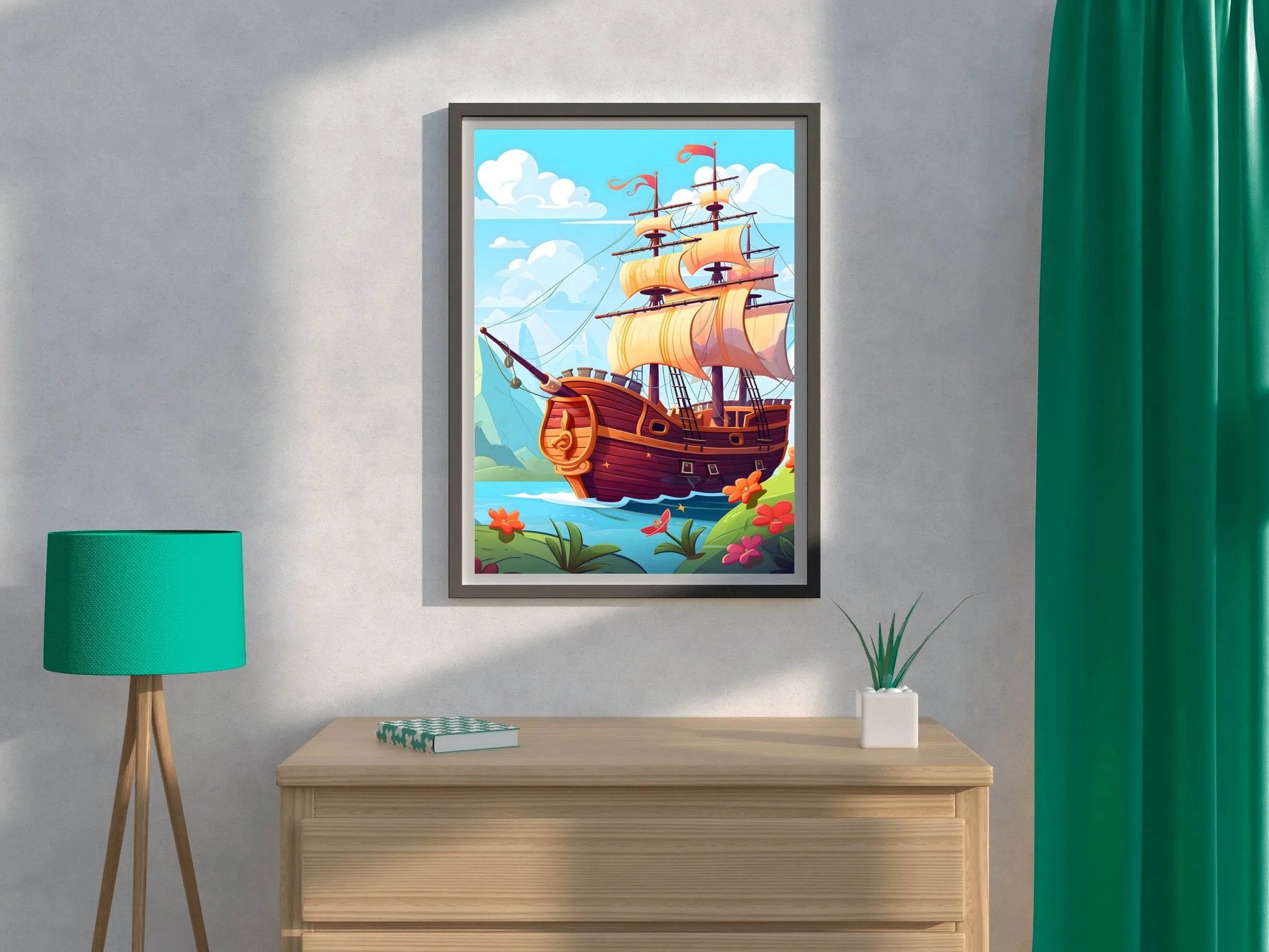 Drawing of Pirate Ship in the Sea - beink online art store