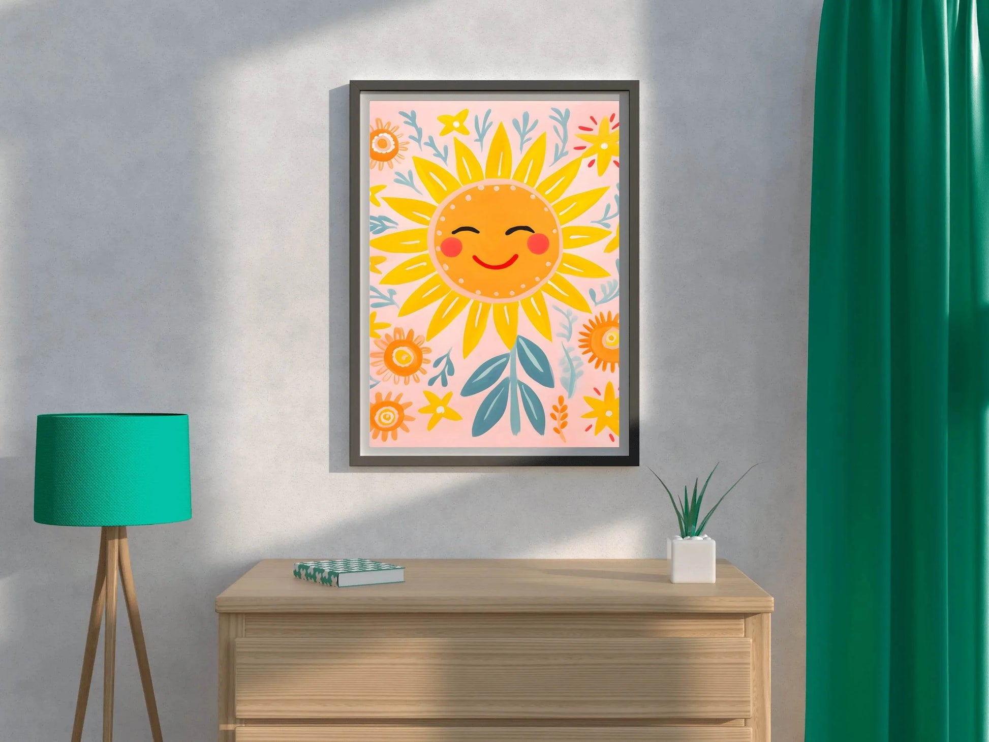 Painting of Smiling Sunflower With Floral Background - beink online art store