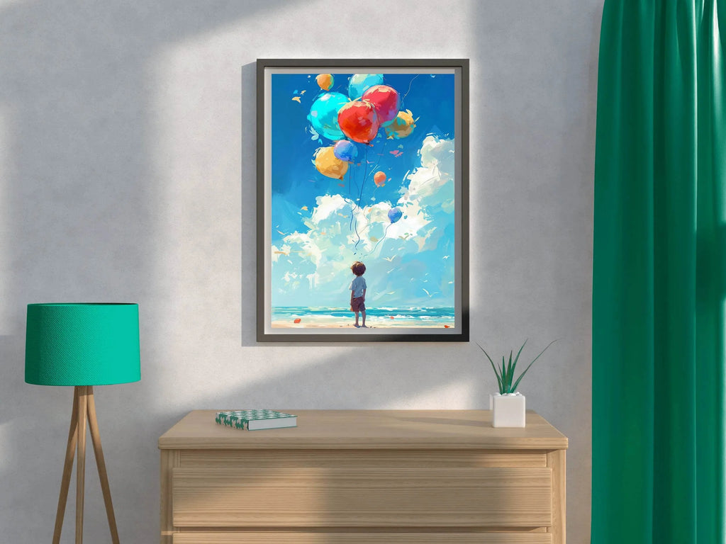 Painting of a Boy Standing Near Sea With Balloons - beink online art store