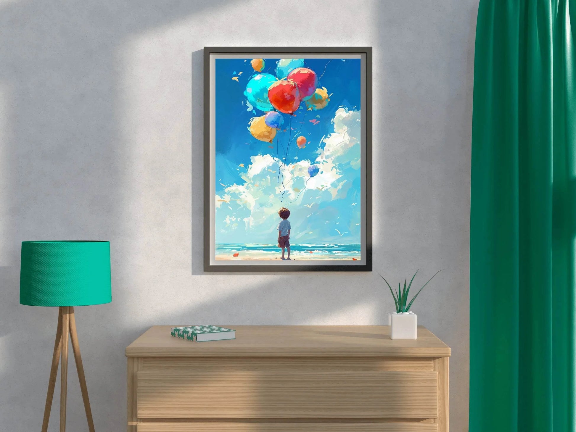 Painting of a Boy Standing Near Sea With Balloons - beink online art store