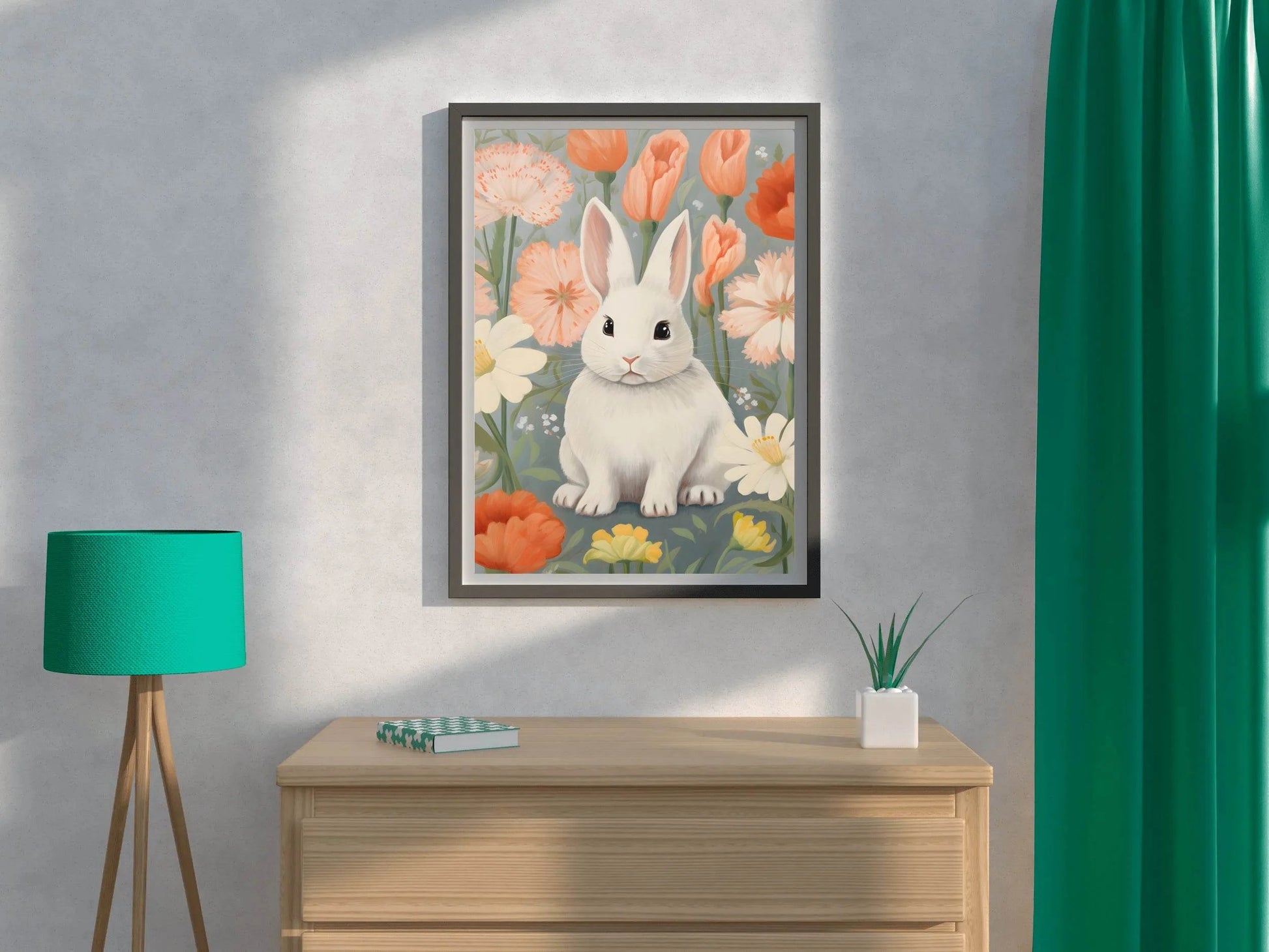Drawing of Bunny Sitting in Flowers - beink online art store