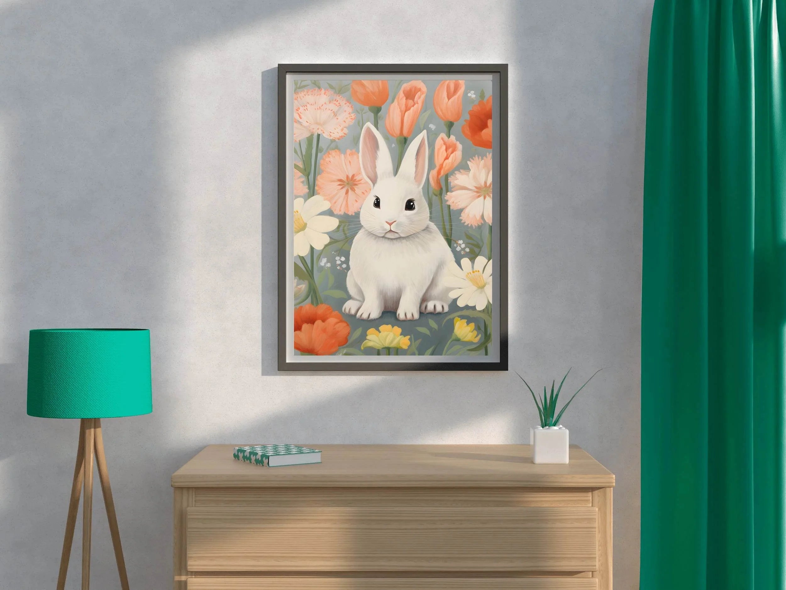 Drawing of Bunny Sitting in Flowers - beink online art store