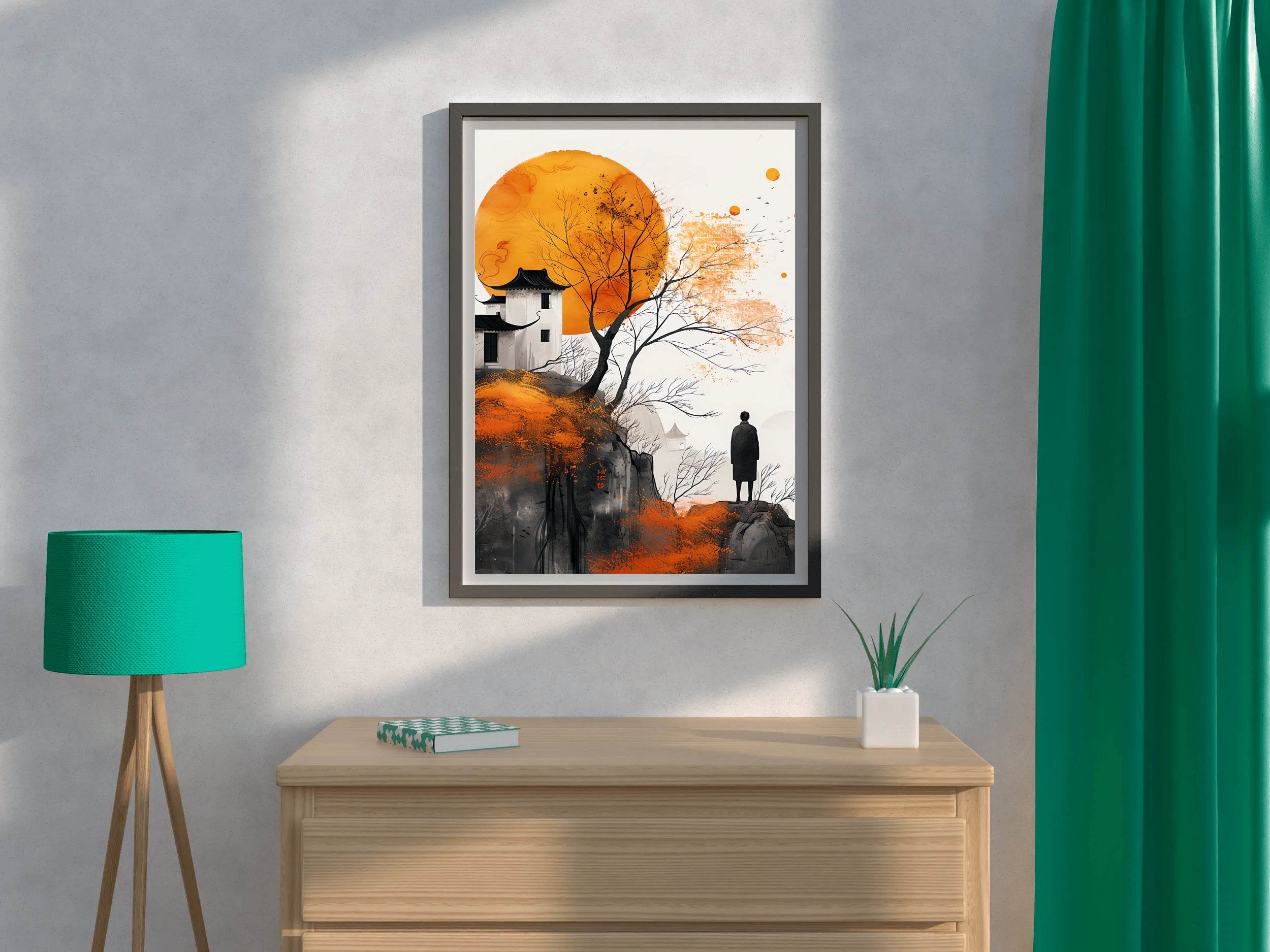 Orange Moon and Ancient House Wall Art - beink online art store