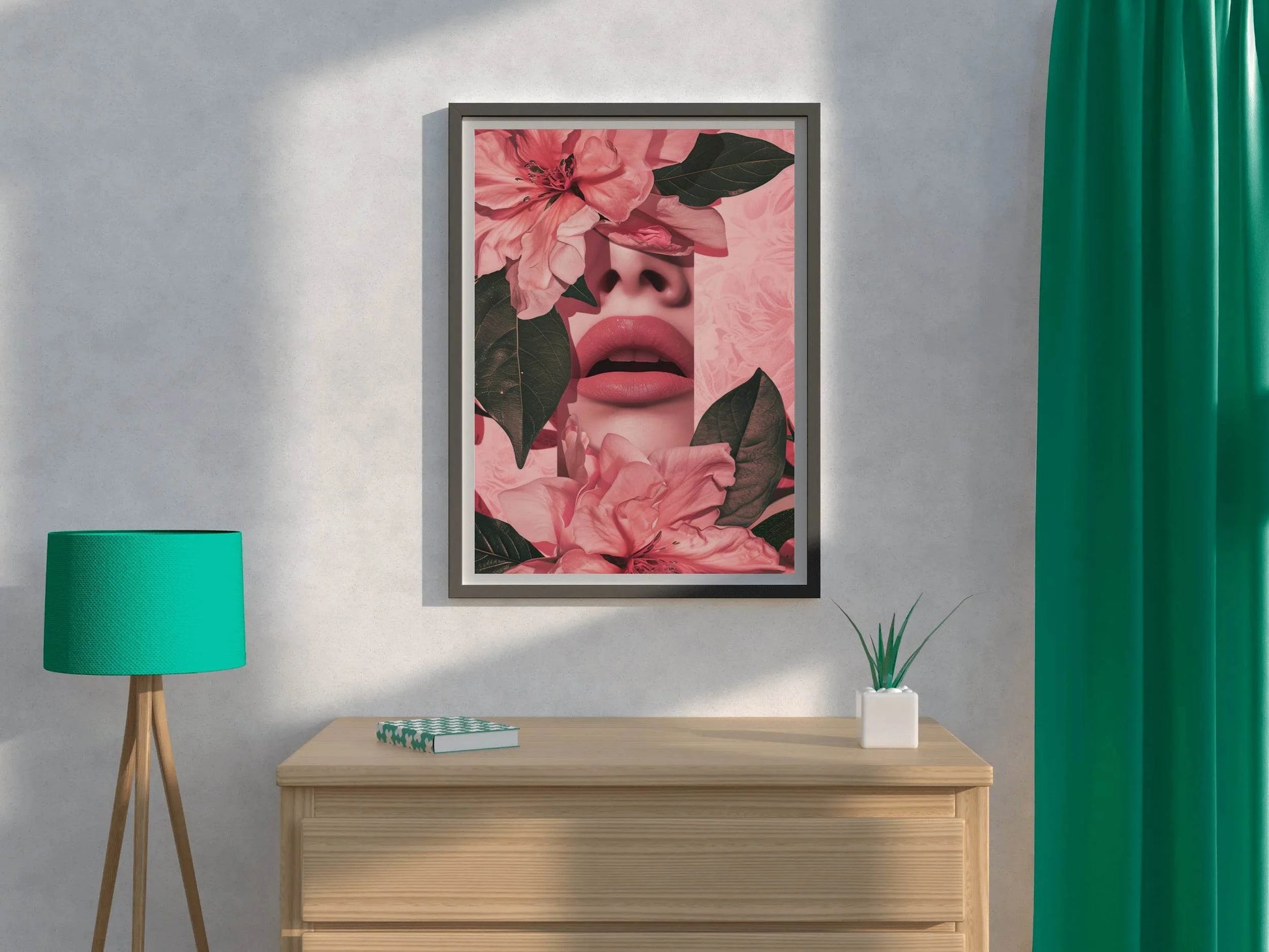 Woman's Face Partially Covered With Pink Flowers - beink online art store