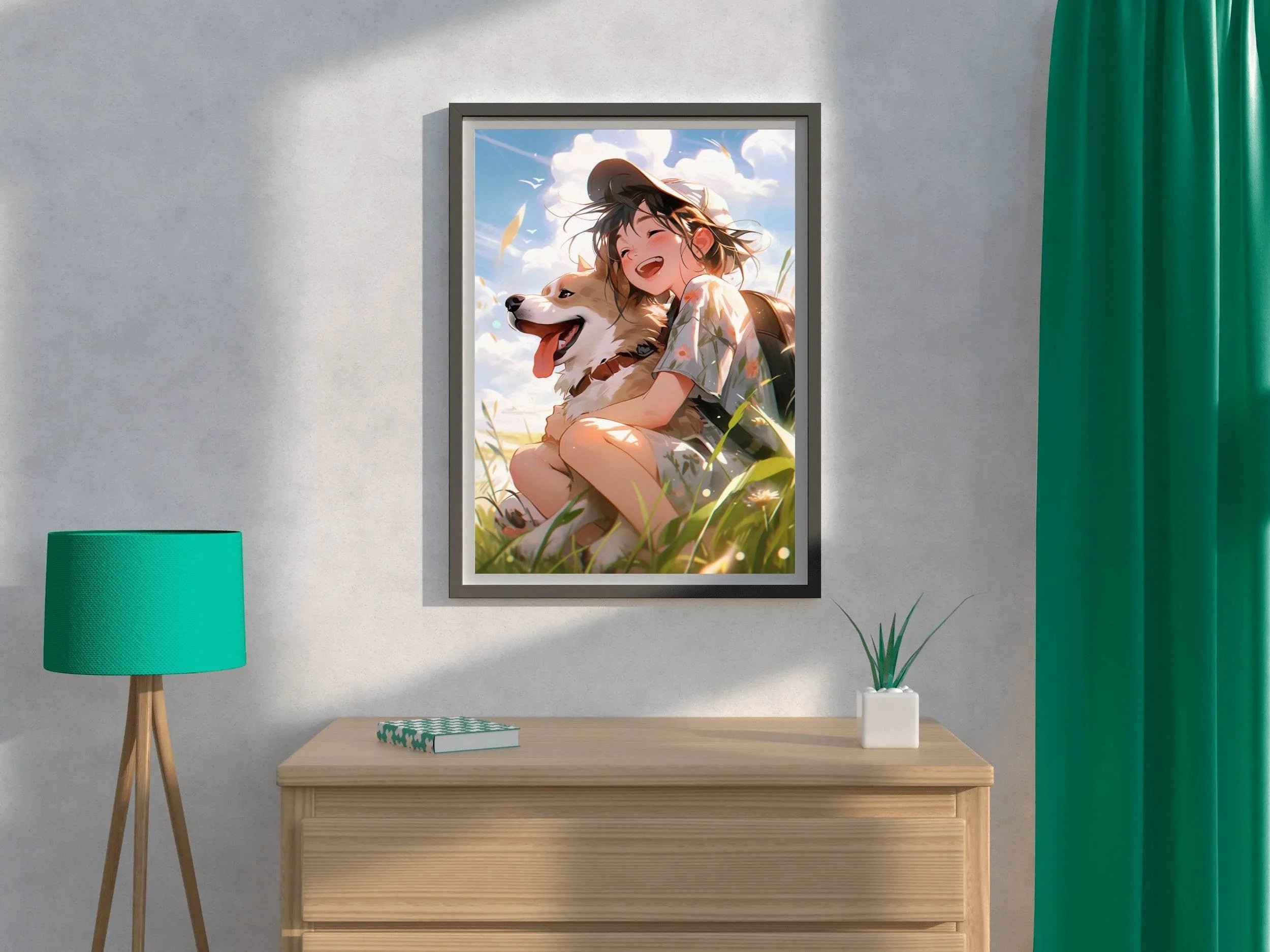 Portrait of cute dog in anime style with owner Wall Art - beink online art store