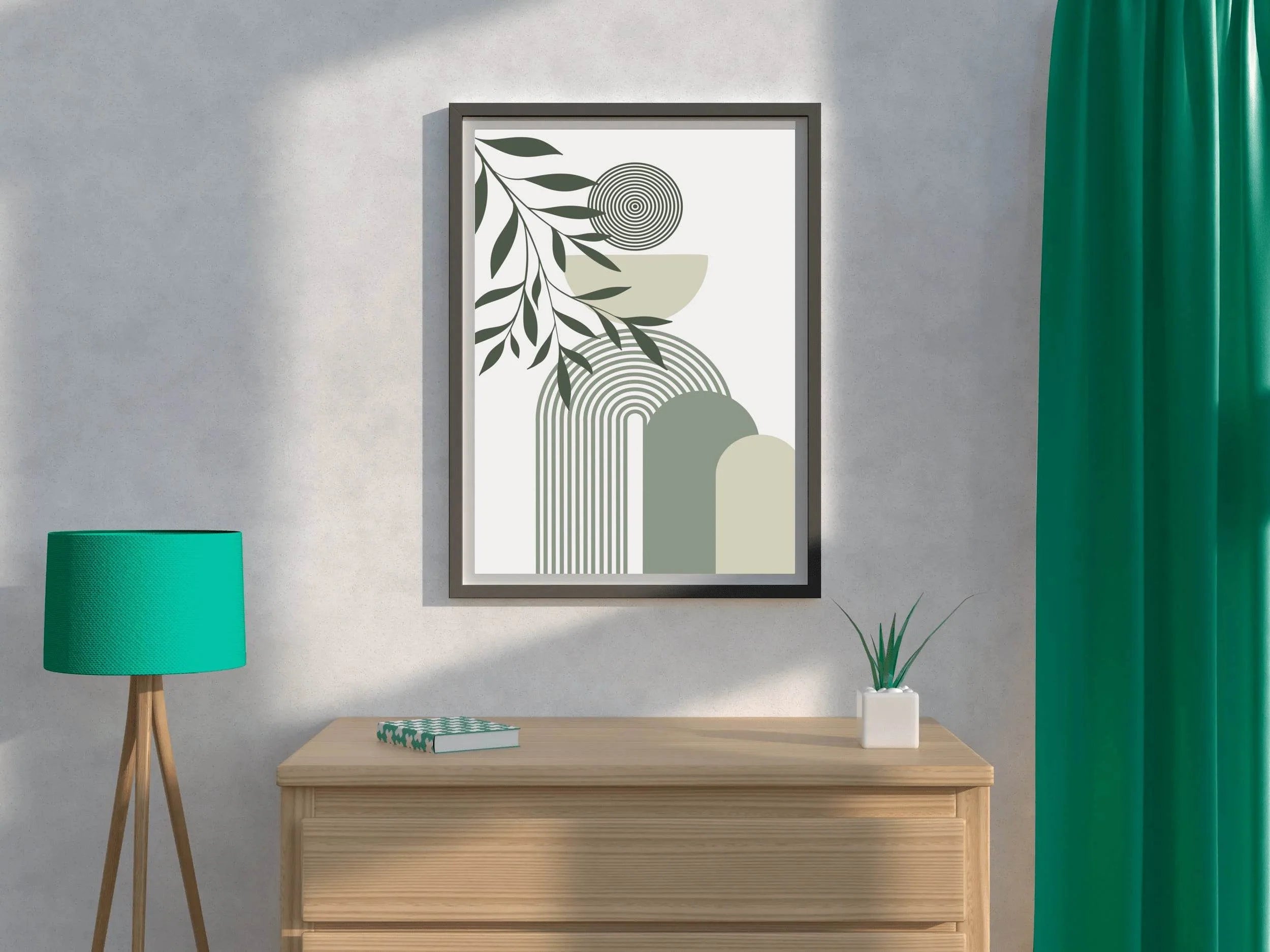 Leafy Branch a Circle Shades of Green and Beige ArtWork - beink online art store