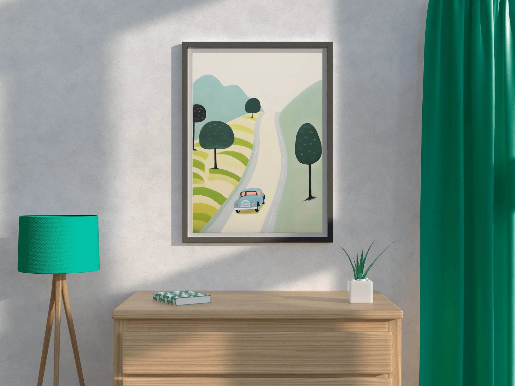 Painting of Blue Car Passing Through Meadows - beink online art store
