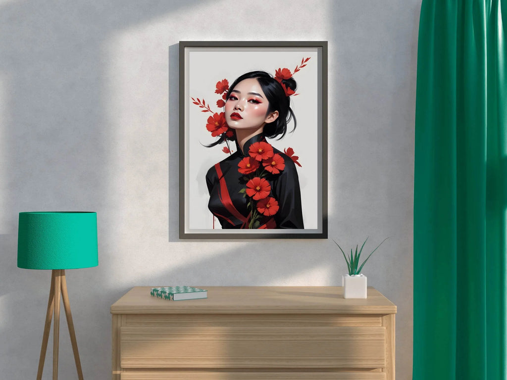 Asian Lady with Traditional Dress with Red flower Wall Art - beink online art store