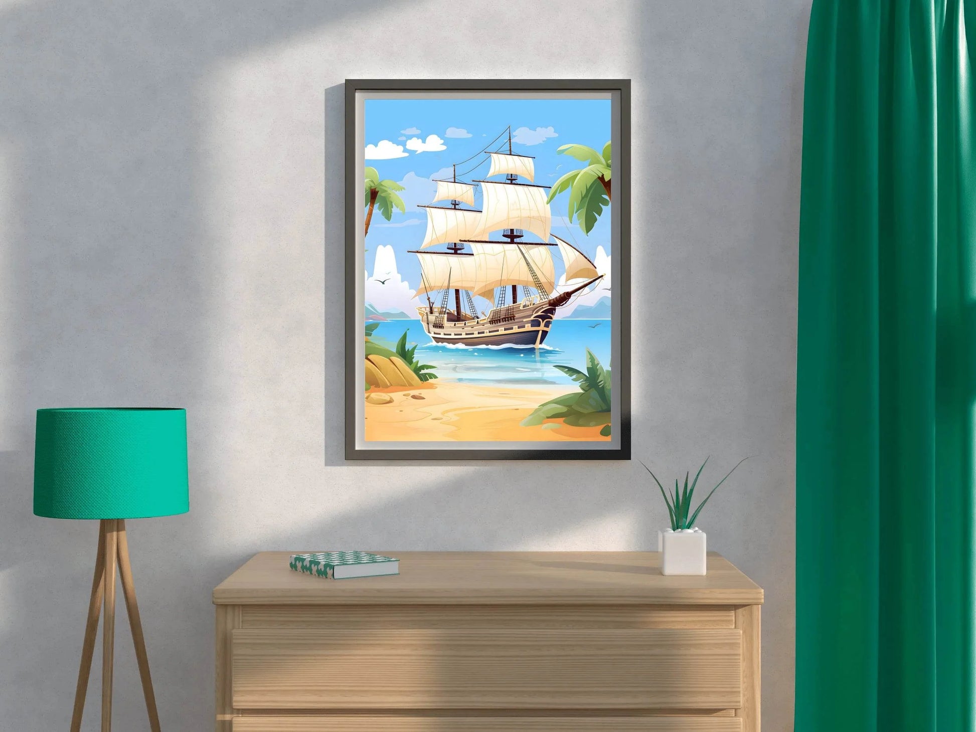 Cartoon Image of Pirates Ship in Sea - beink online art store