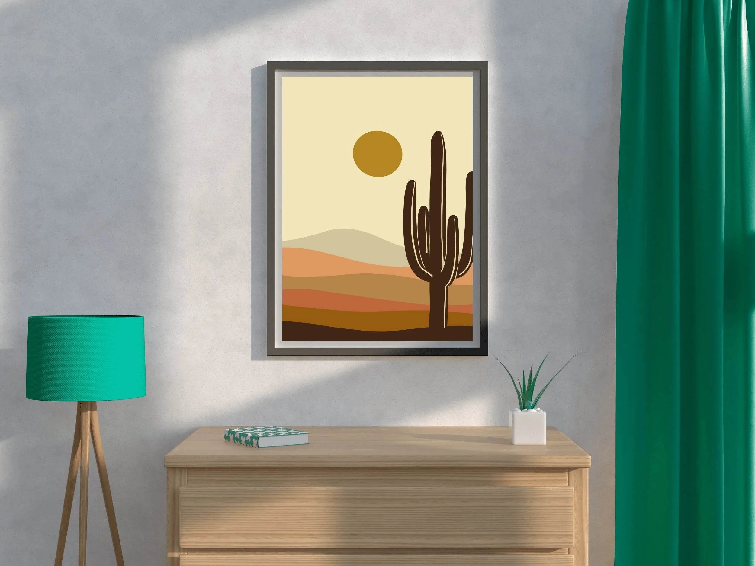 Stylized Desert Landscape with Cactus and Sun ArtWork - beink online art store