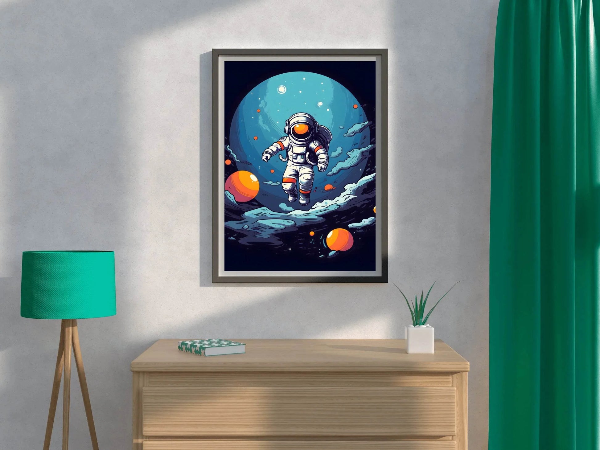 Cartoonish Illustration of Astronaut Flying in Space - beink online art store