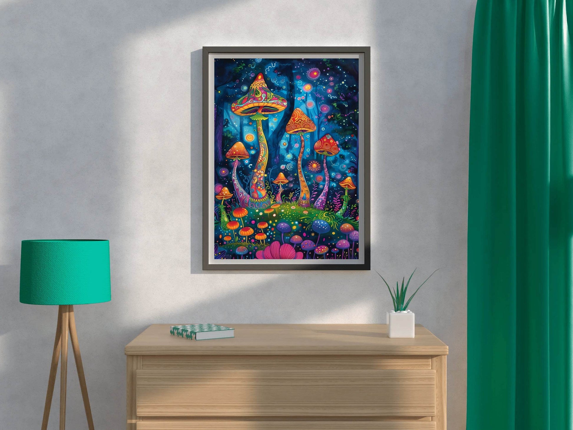 Brightly colored mushrooms and trees in a fantasy forest at night Wall Art - beink online art store