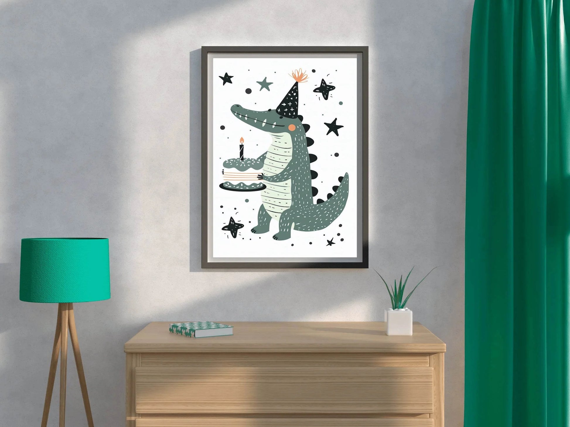 Cartoon Alligator Holding Cake Wall Art - beink online art store