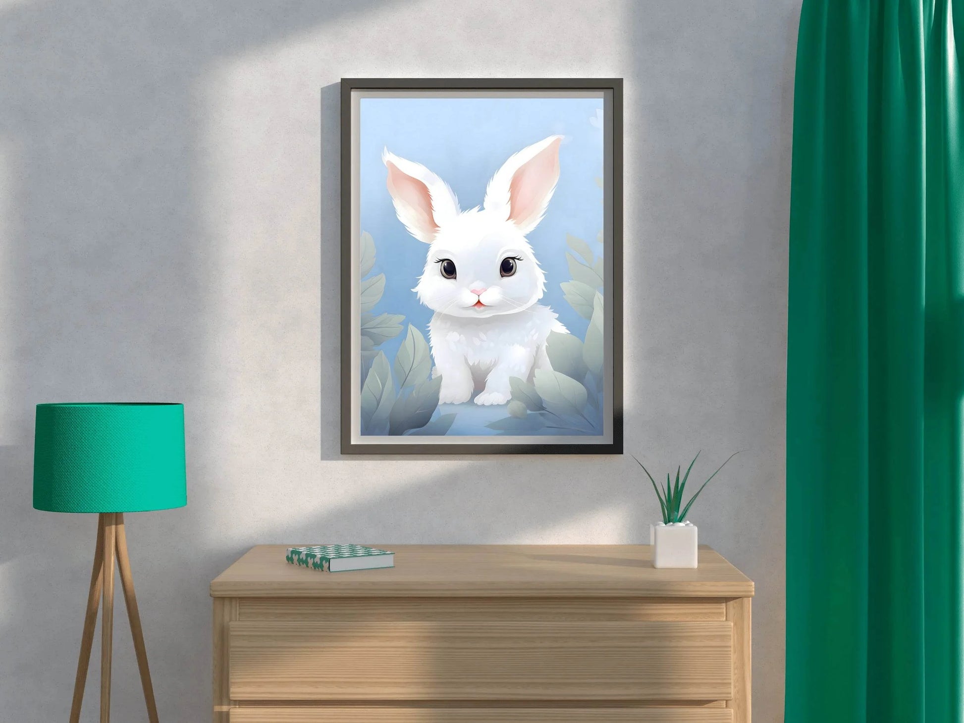 Cute Whit Little Cartoon Bunny Watercolor Painting - beink online art store