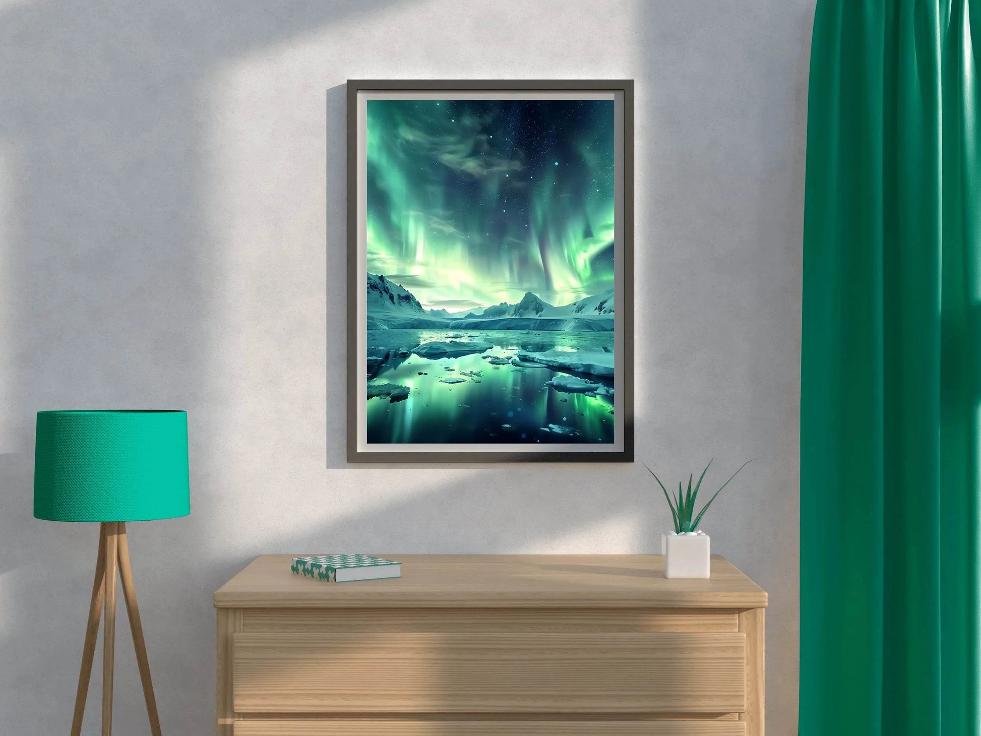 Green Northern Lights in the Sky Over Ice and Snow From lake Wall Art - beink online art store