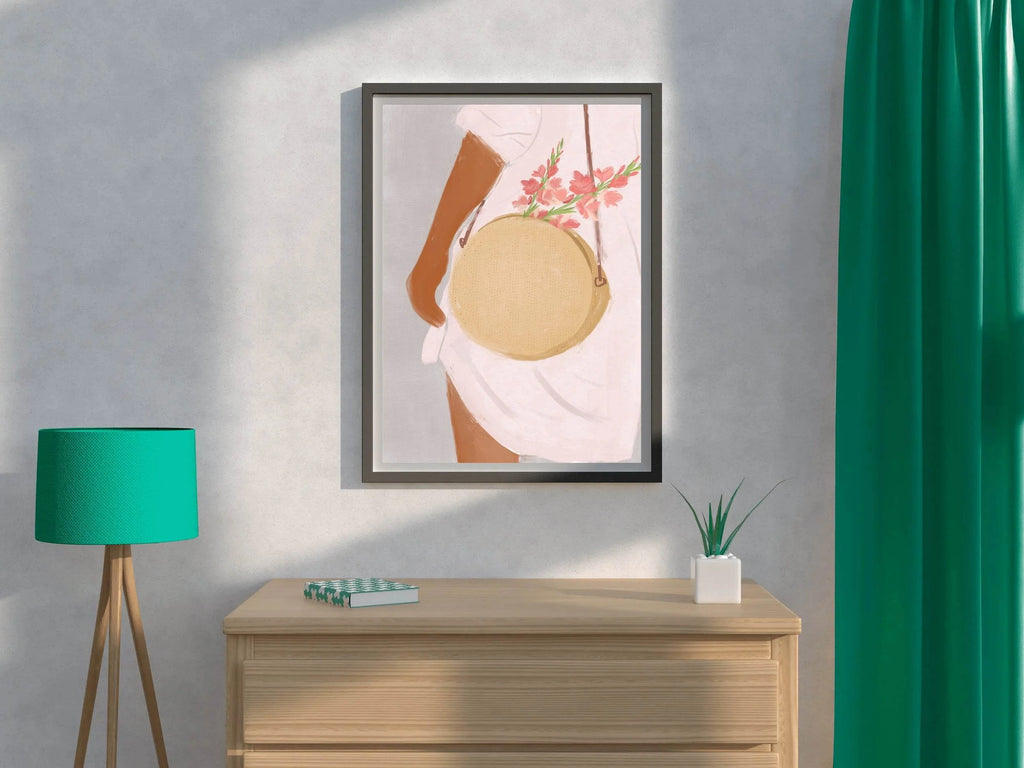 Woman in A White Shirt With A Bag Decorated With Flowers Wall Art - beink online art store