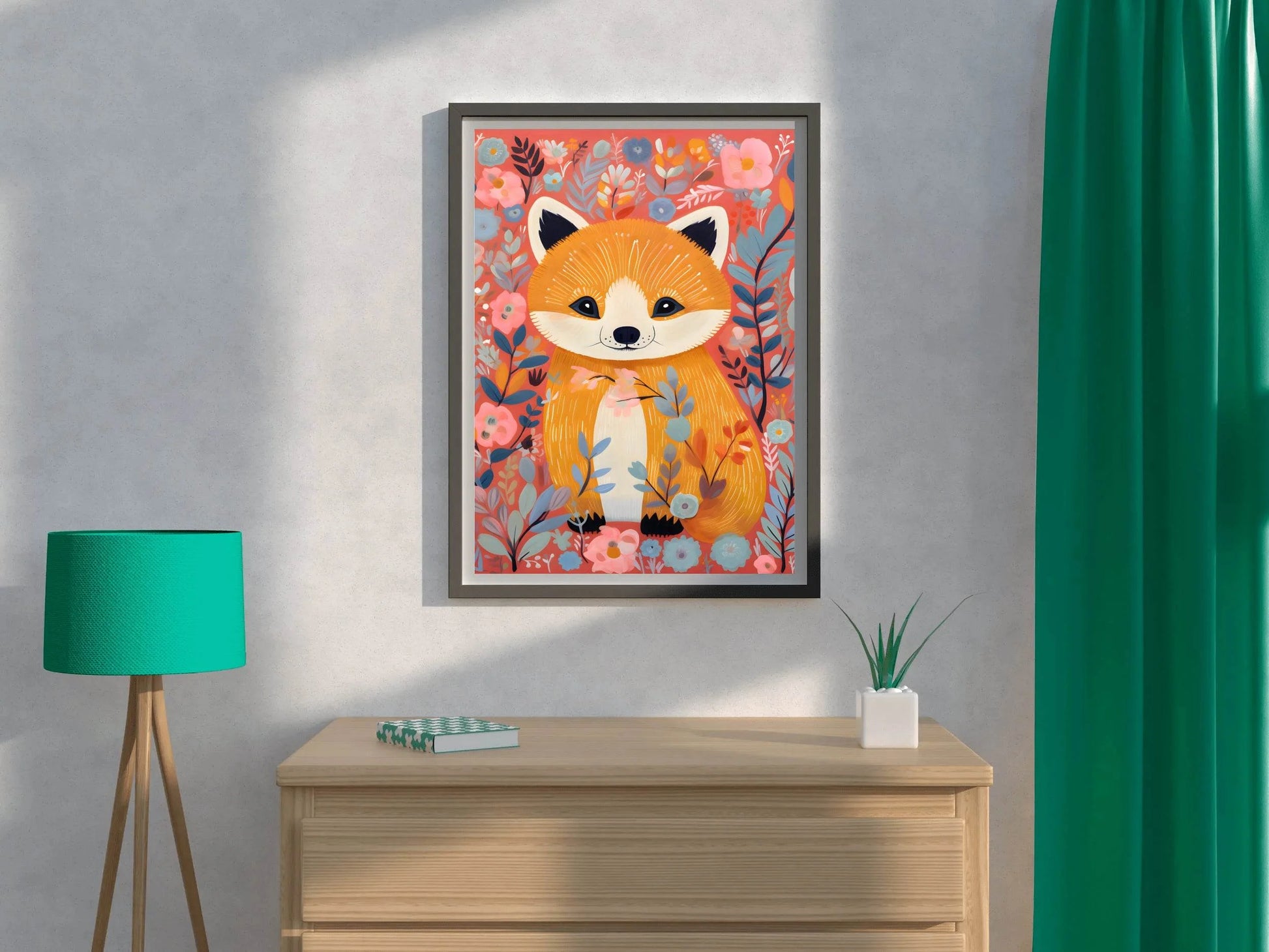 Drawing of Little Fox Sitting in the Flowers - beink online art store