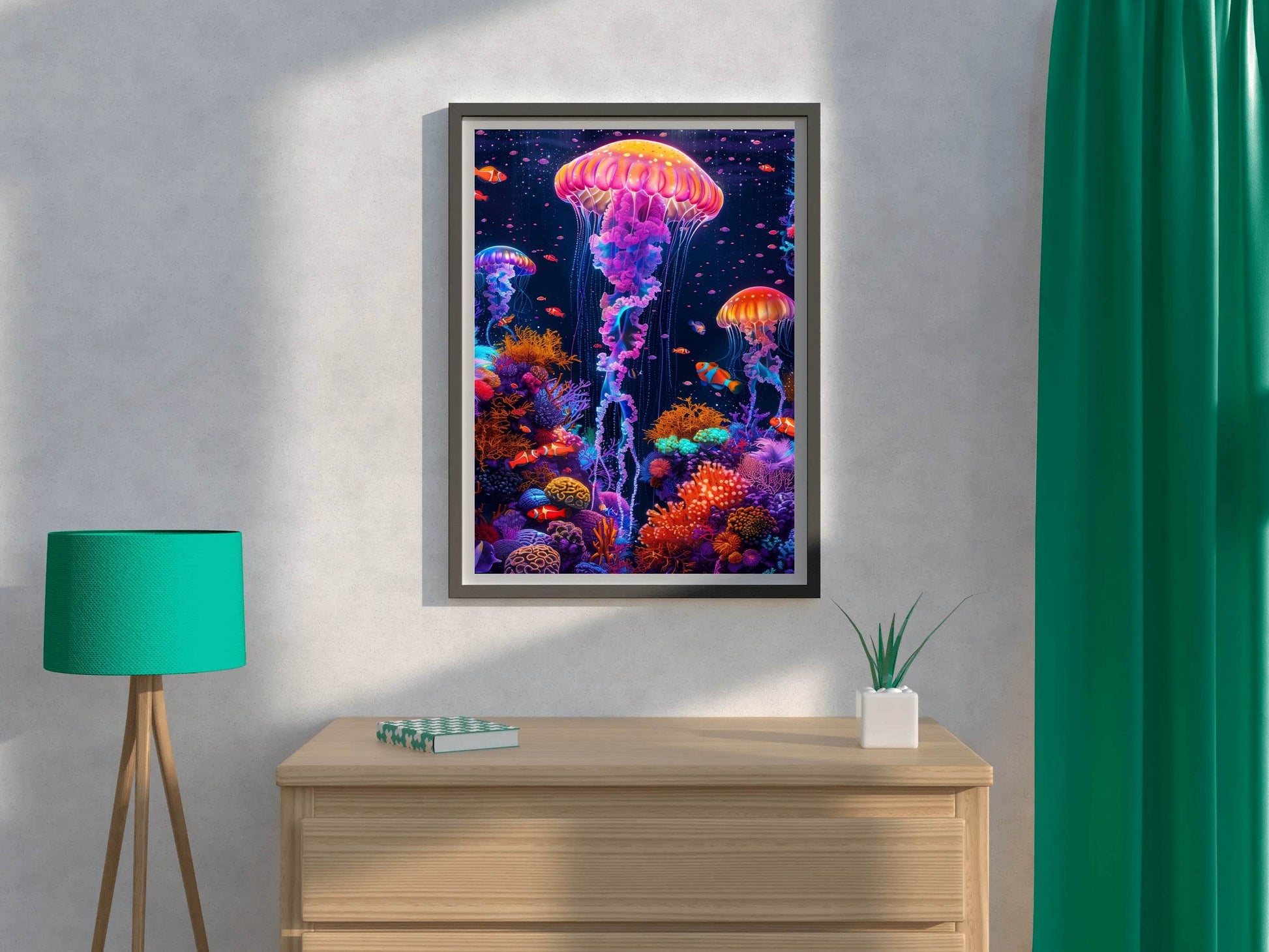 Neon Jellyfish Fantasy Underwater Wall Art - beink online art store
