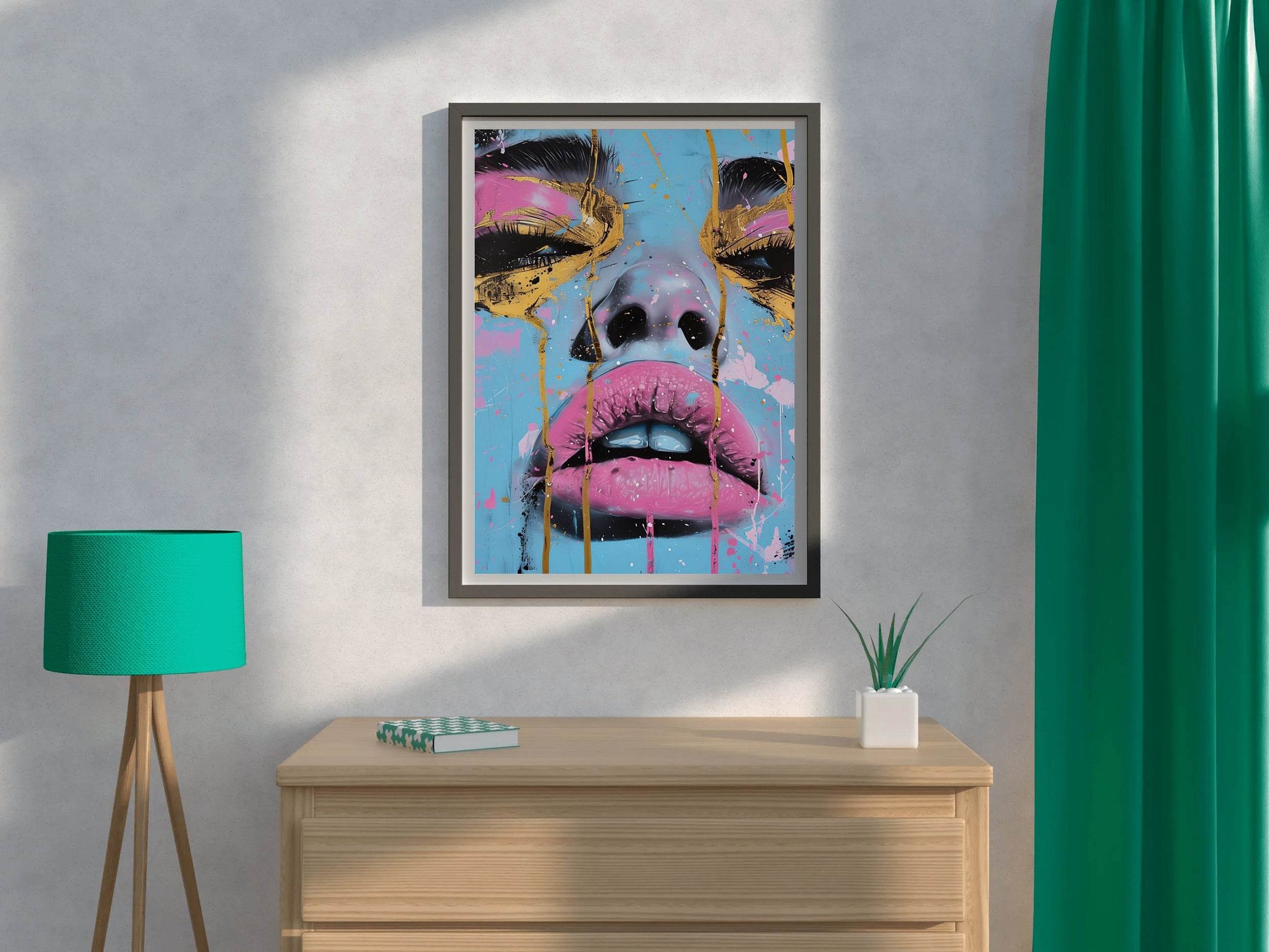 Painting of a Woman with a Tear Drop on her Face with Pink and Gold Wall Art - beink online art store