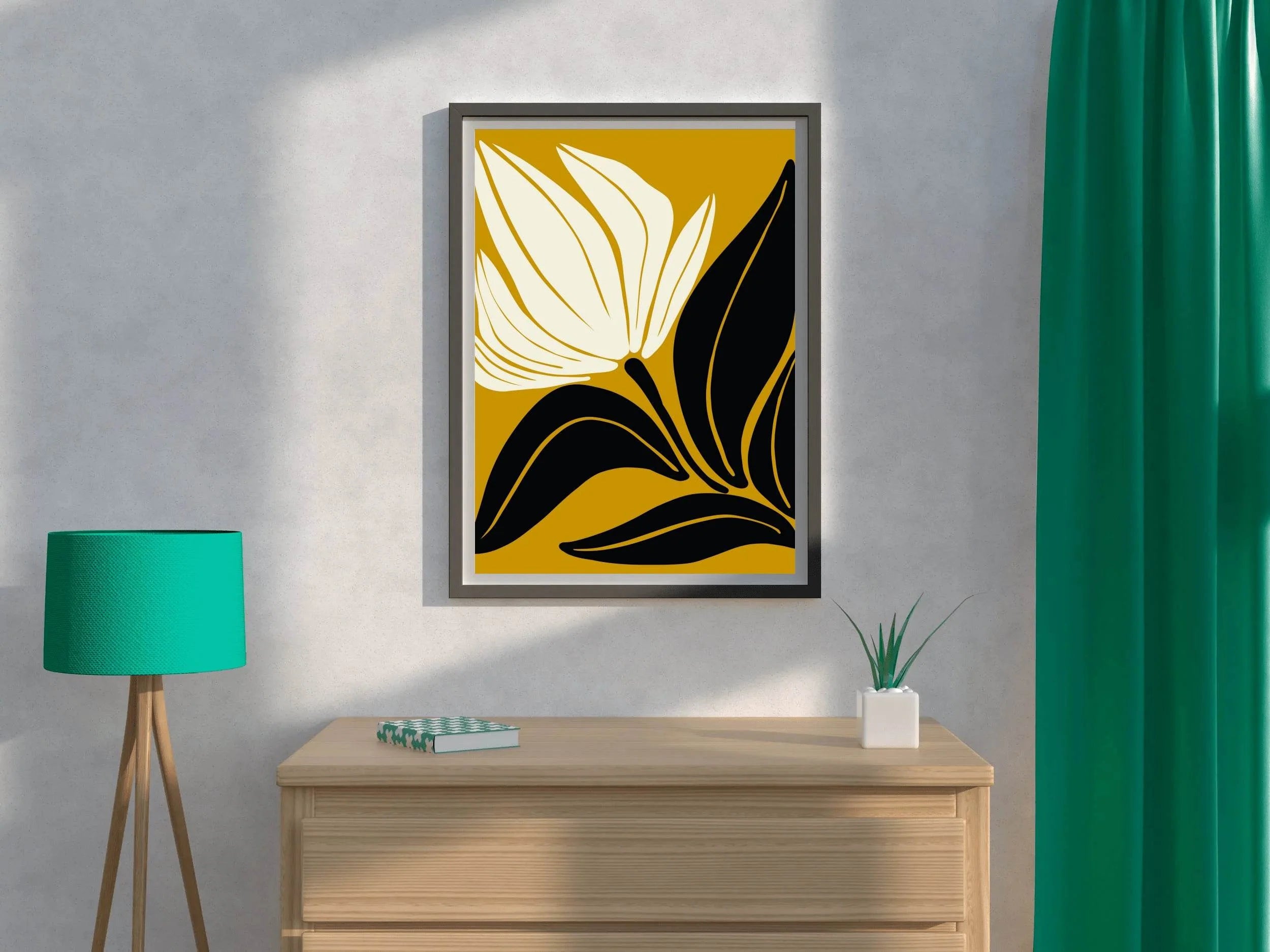 Stylized Flower Black and White on Gold ArtWork - beink online art store