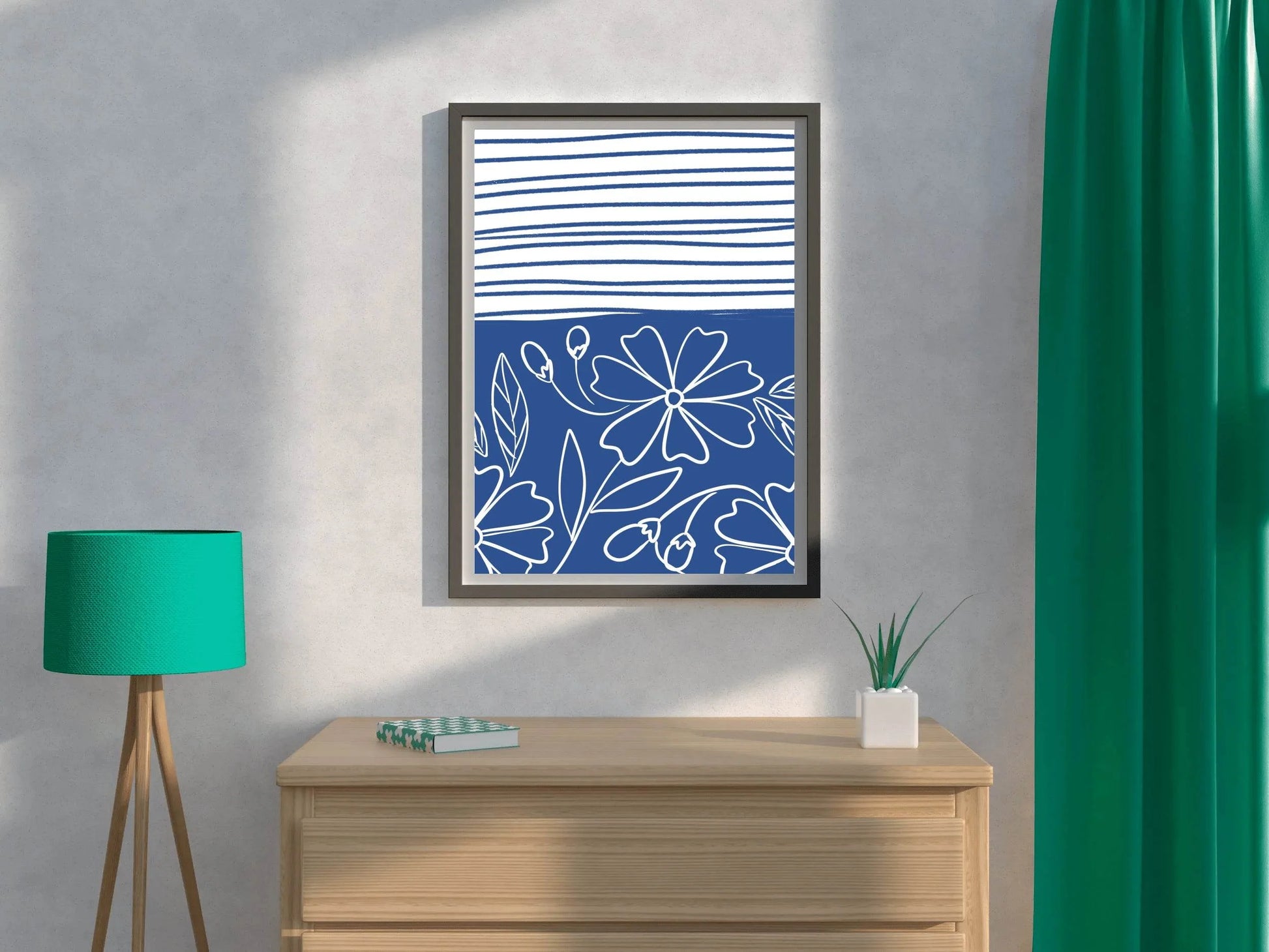 Blue and White Striped Paper With Flowers Wall Art - beink online art store