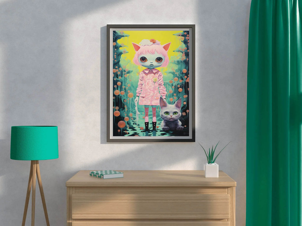 Cat Girl With Pink Hair Wall Art - beink online art store
