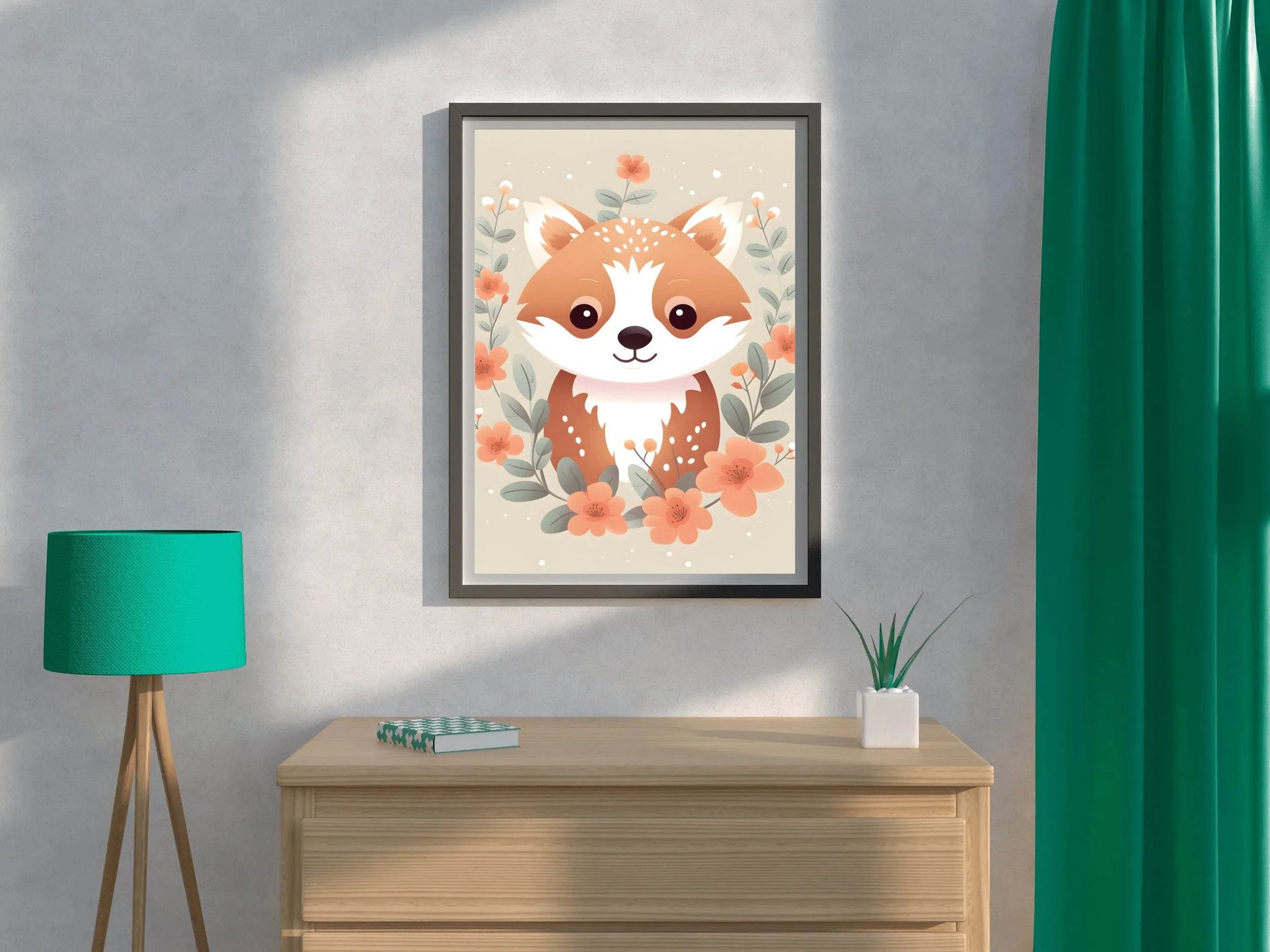 Painting of Cute Little Fox Sitting among Flowers - beink online art store