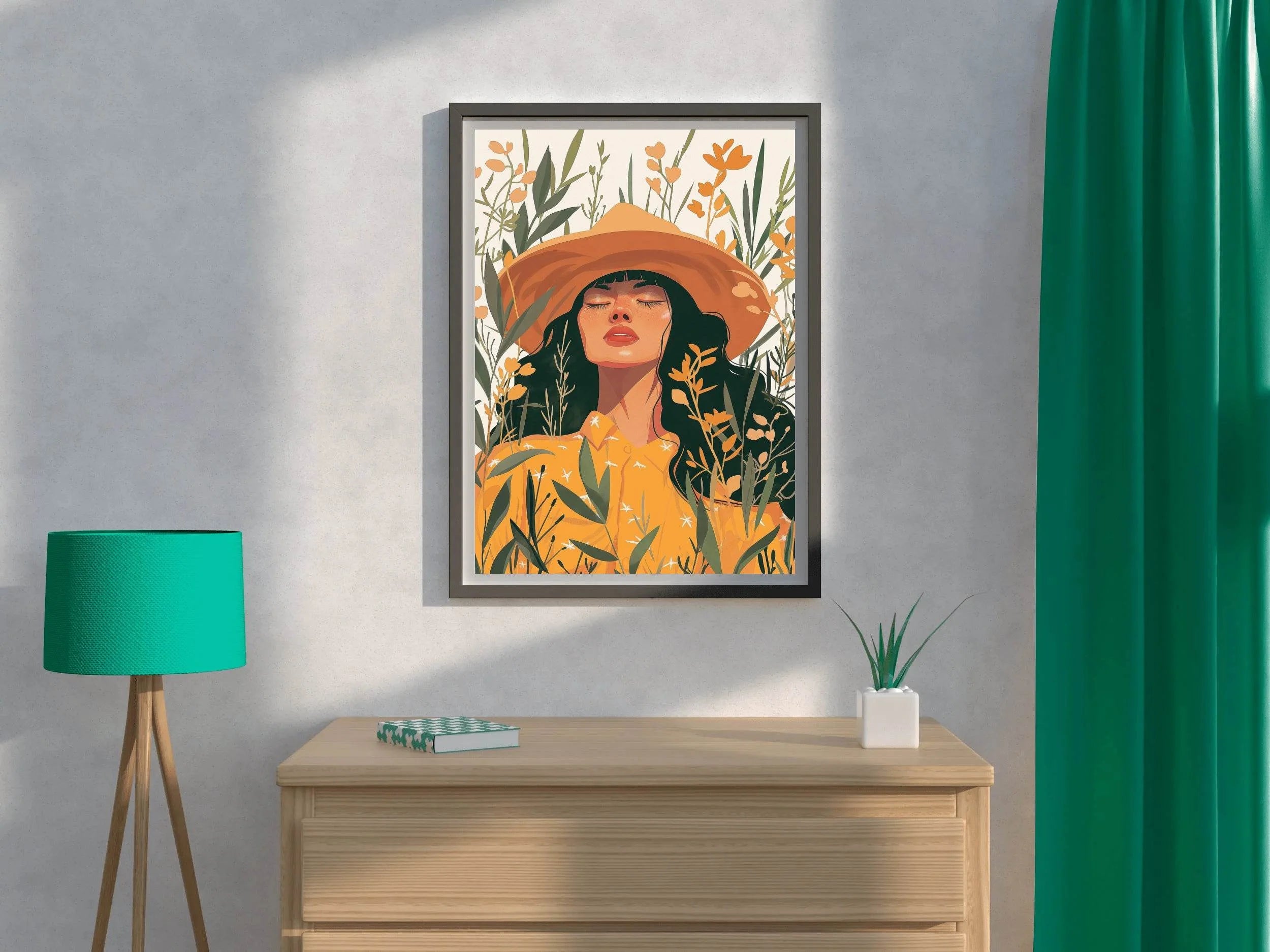 Woman in Yellow Dress and Hat in a Tropical Forest Eyes closed ArtWork - beink online art store
