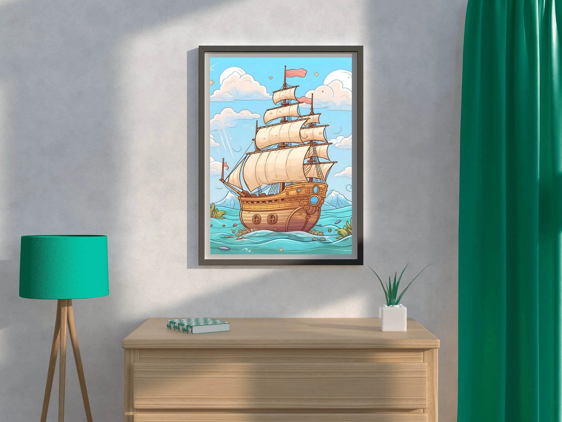 Drawing of Pirates Ship in Sea Storm - beink online art store