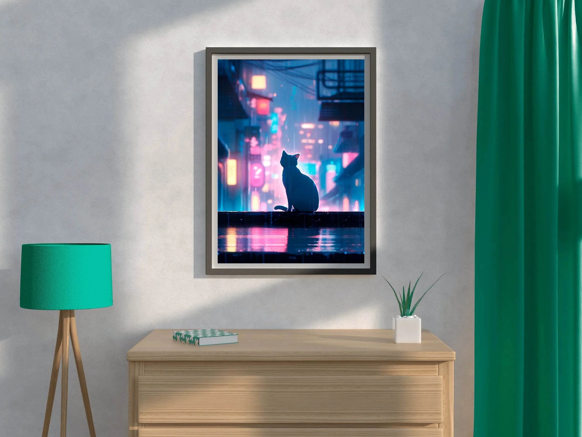 Cat In Cyberpunk City Anime Wall Art - beink online art store