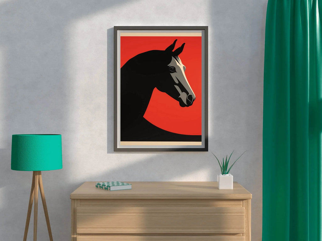 Black Horse Painted Drawing With Red Background - beink online art store
