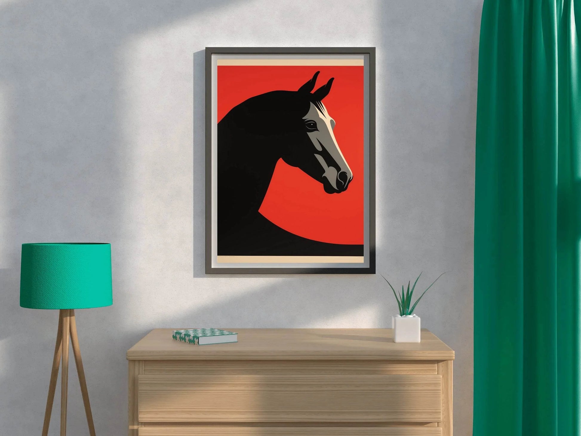 Black Horse Painted Drawing With Red Background - beink online art store